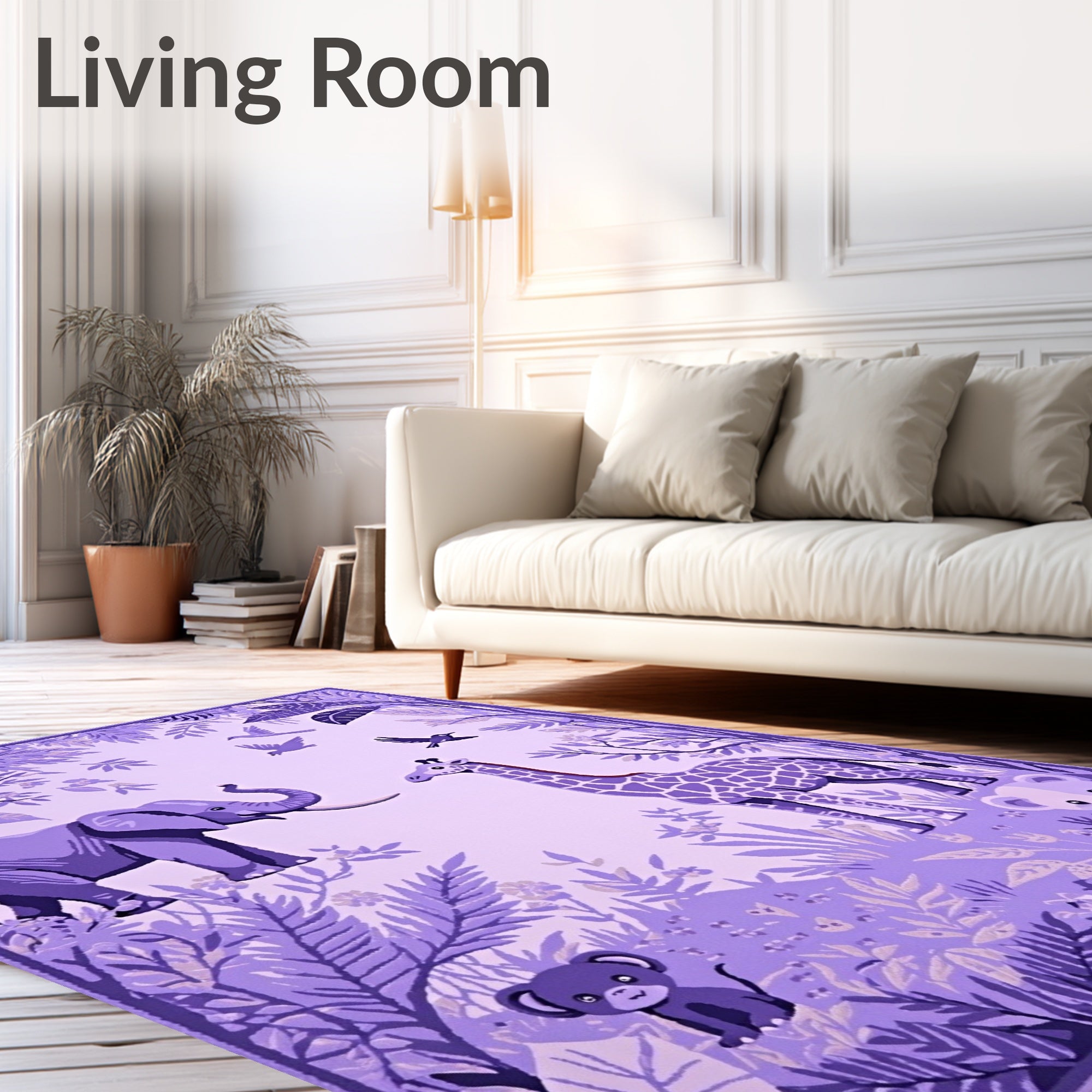 Whimsical Jungle Animals Purple Design Rug