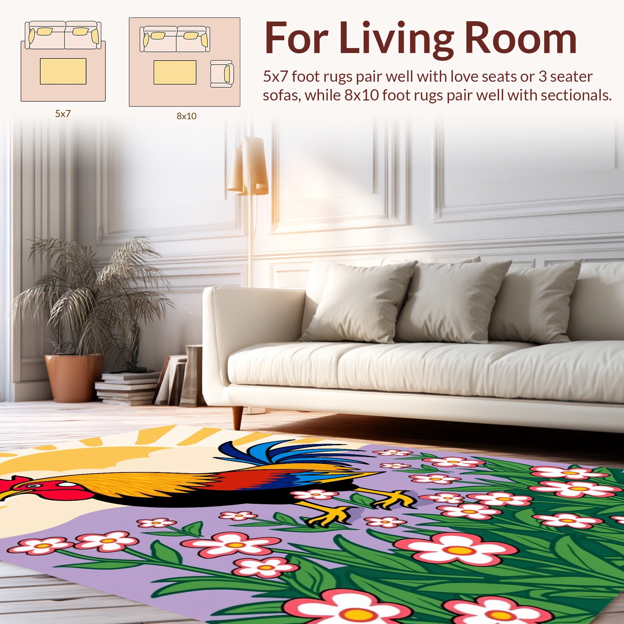 Rooster Flower Patterned Meadow Rug
