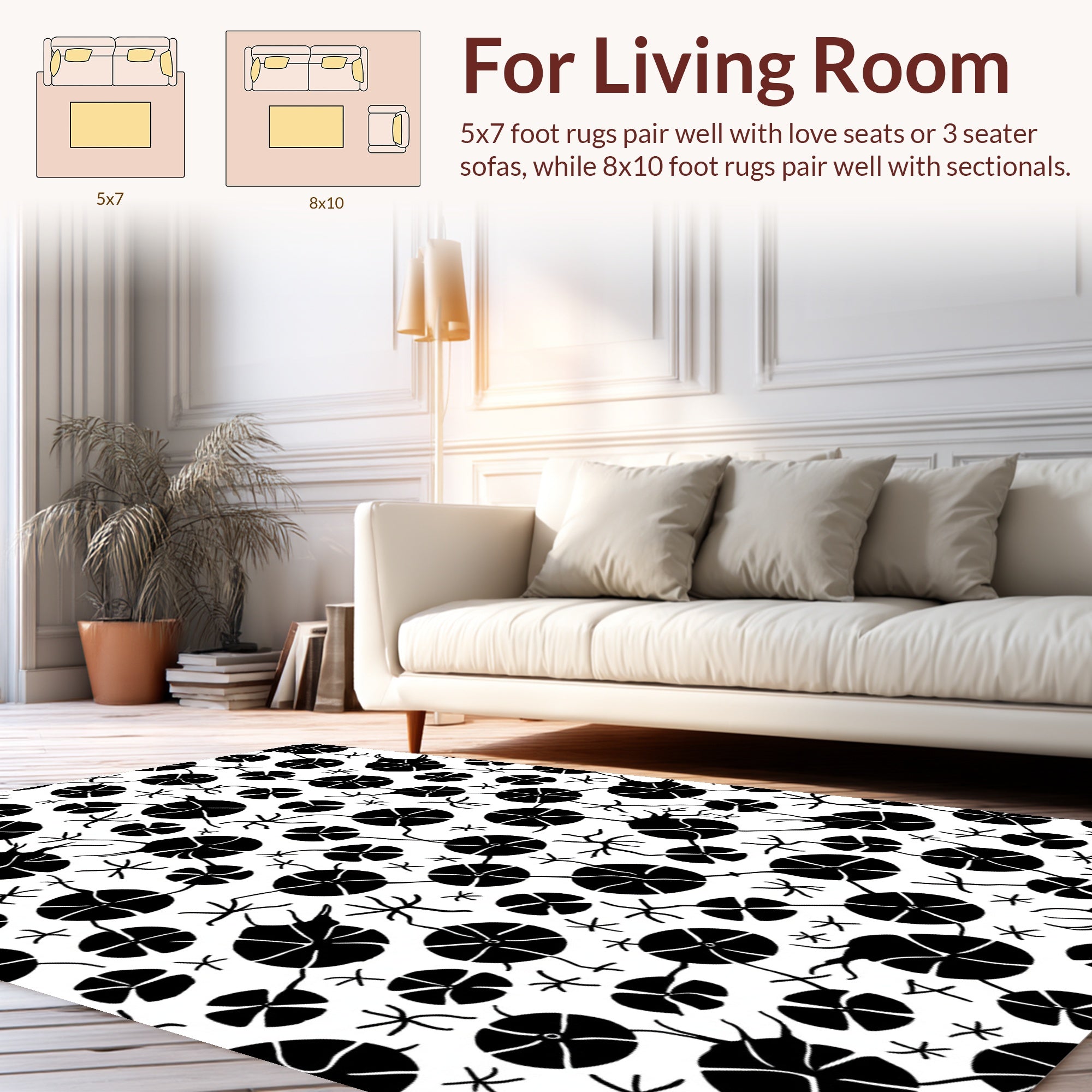 Black White Floral Patterned Rug