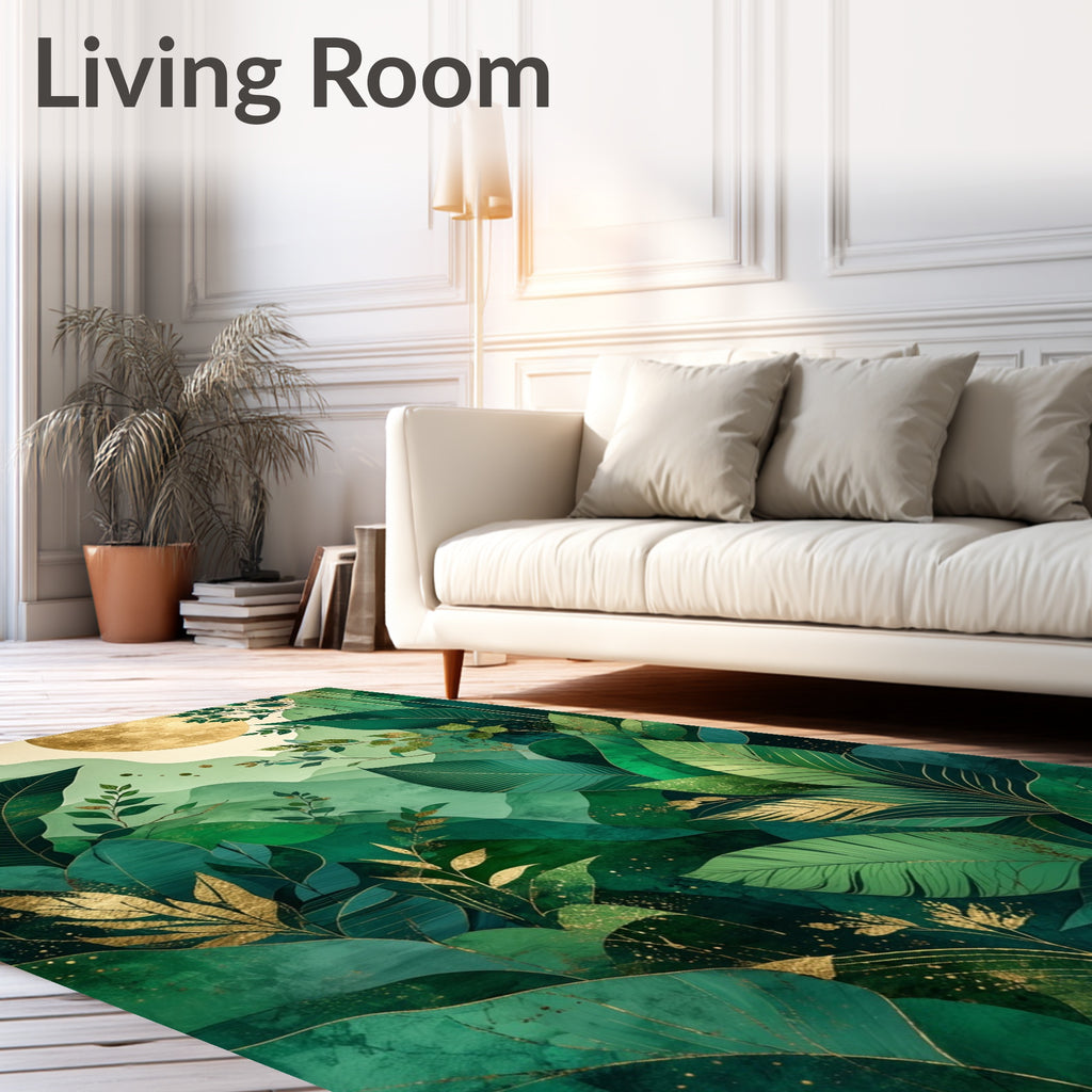 Lush Tropical Greenery Gold Leaf Print Rug