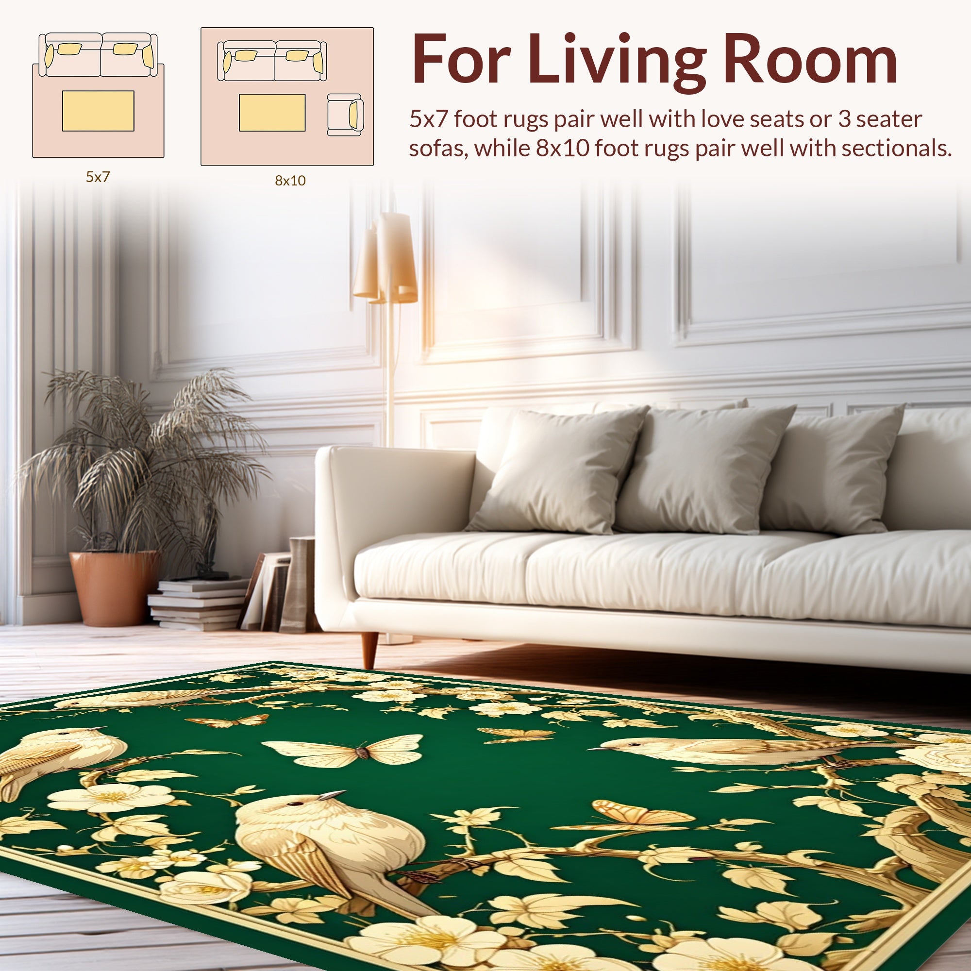 Golden Birds and Butterflies Floral Pattern Rug