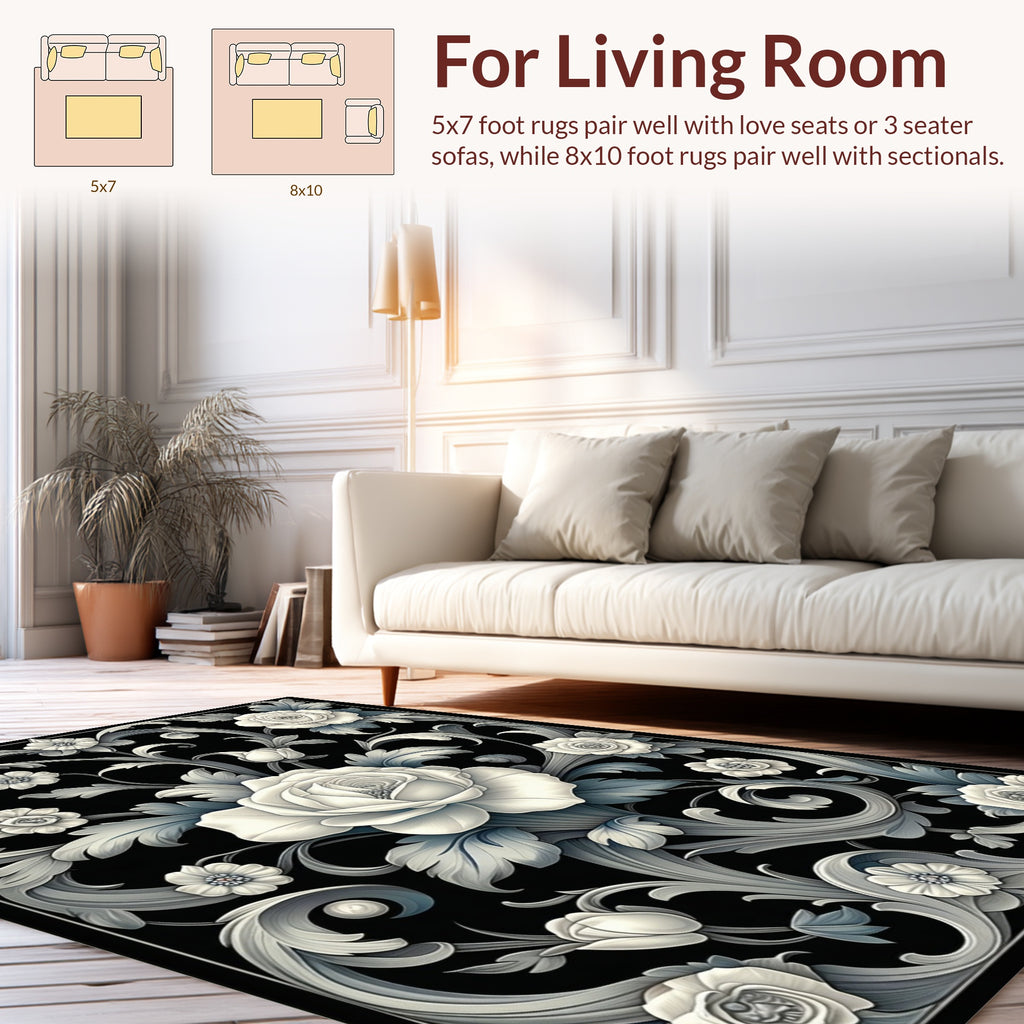 Elegant Floral Swirl Black White Rug