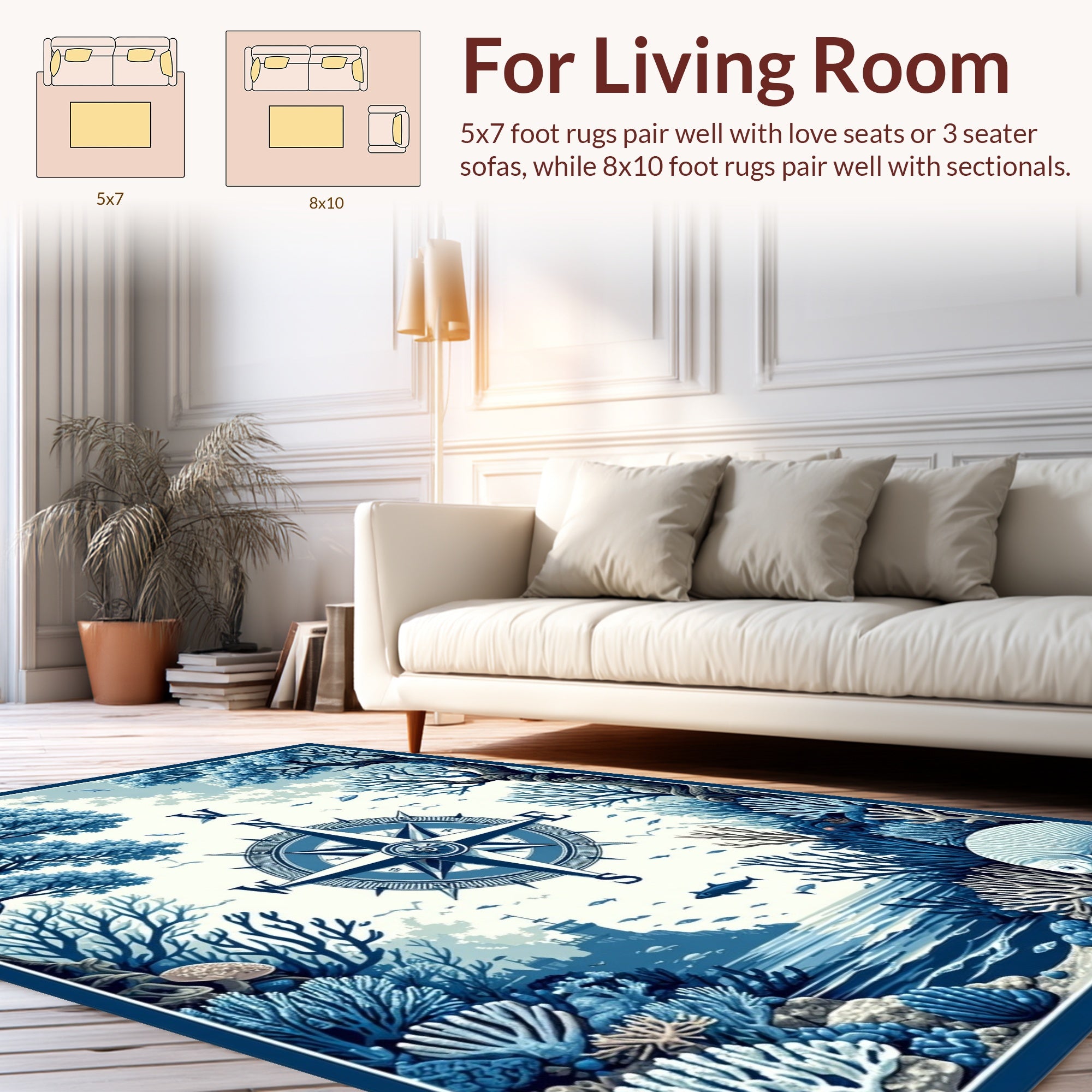 Nautical Compass Coral Reefscape Design Rug