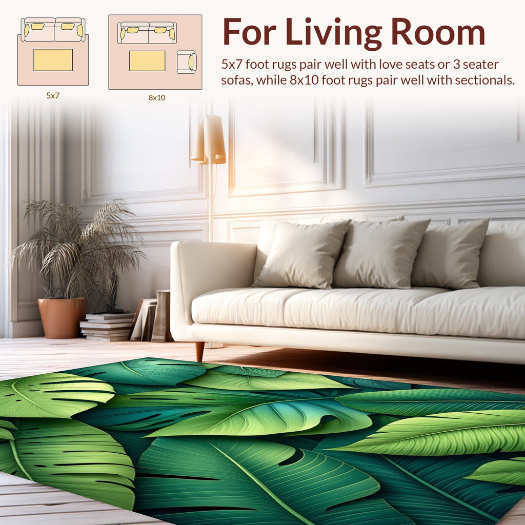 Lush Green Tropical Leaf Pattern Rug