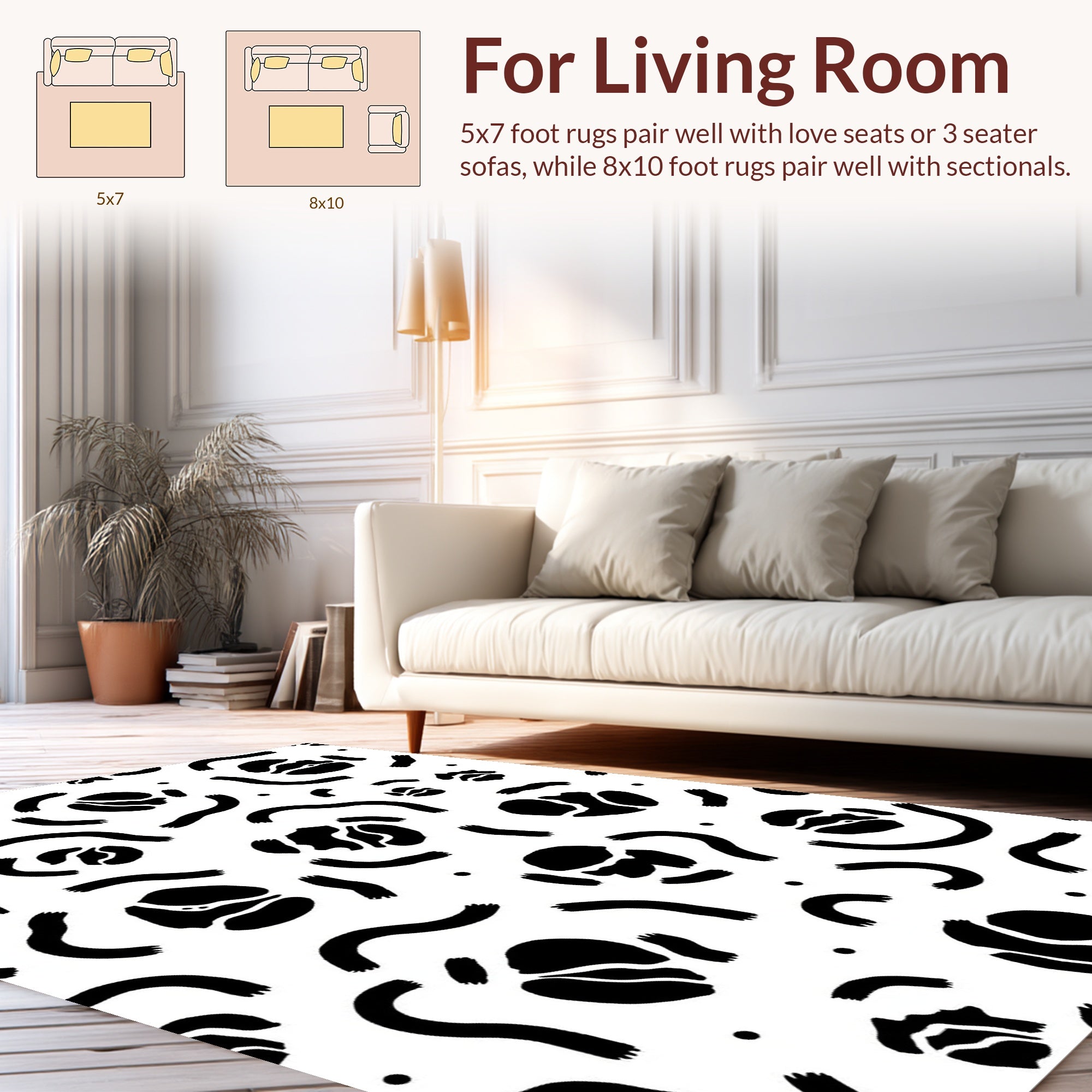 Black Wavy Floral Dot Pattern Rug