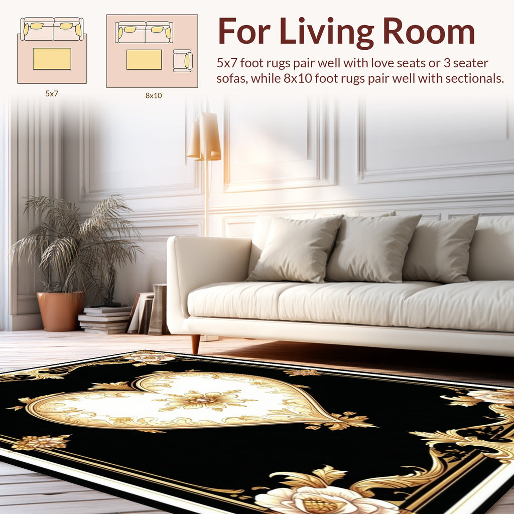 Ornate Golden Heart Floral Design Rug