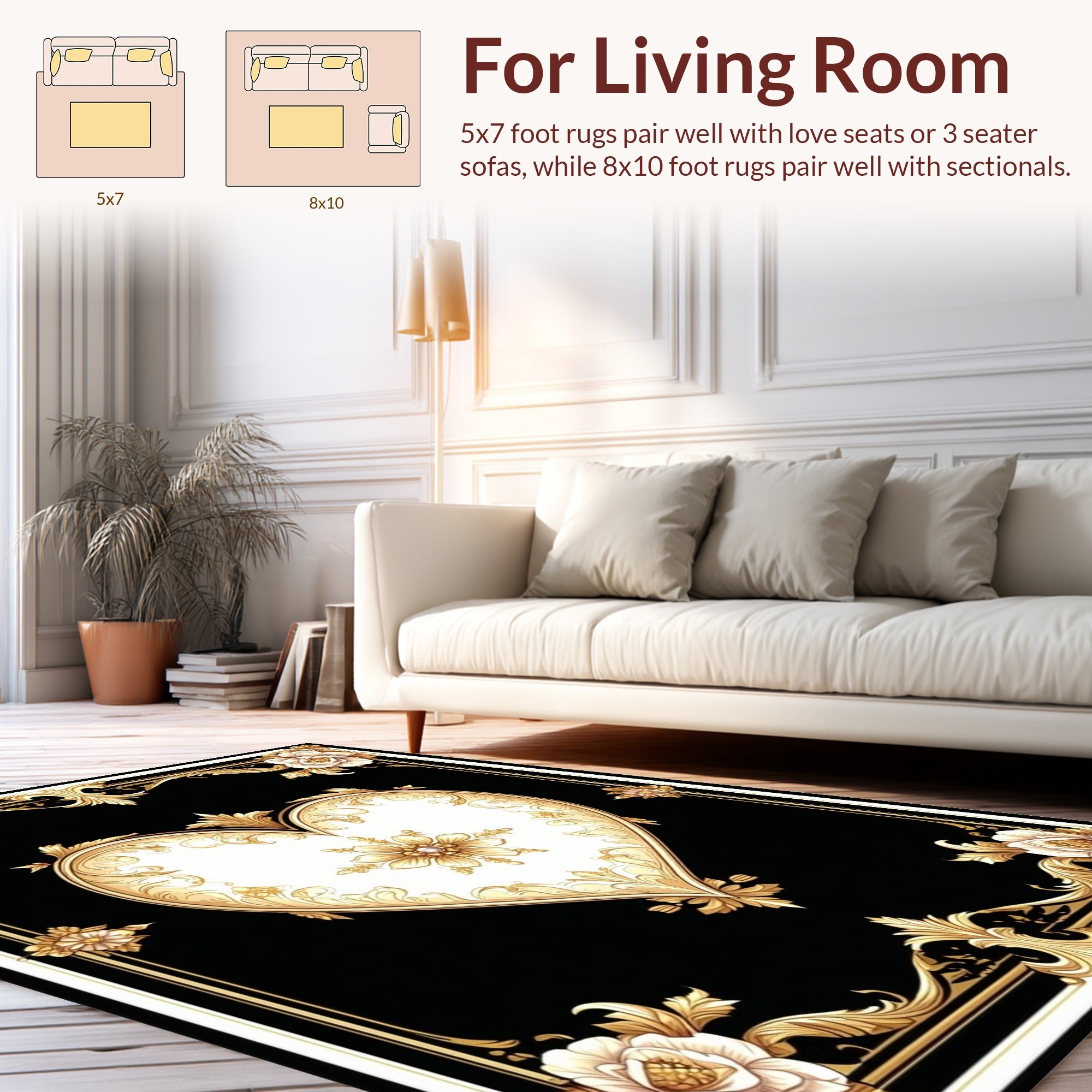 Ornate Golden Heart Floral Design Rug