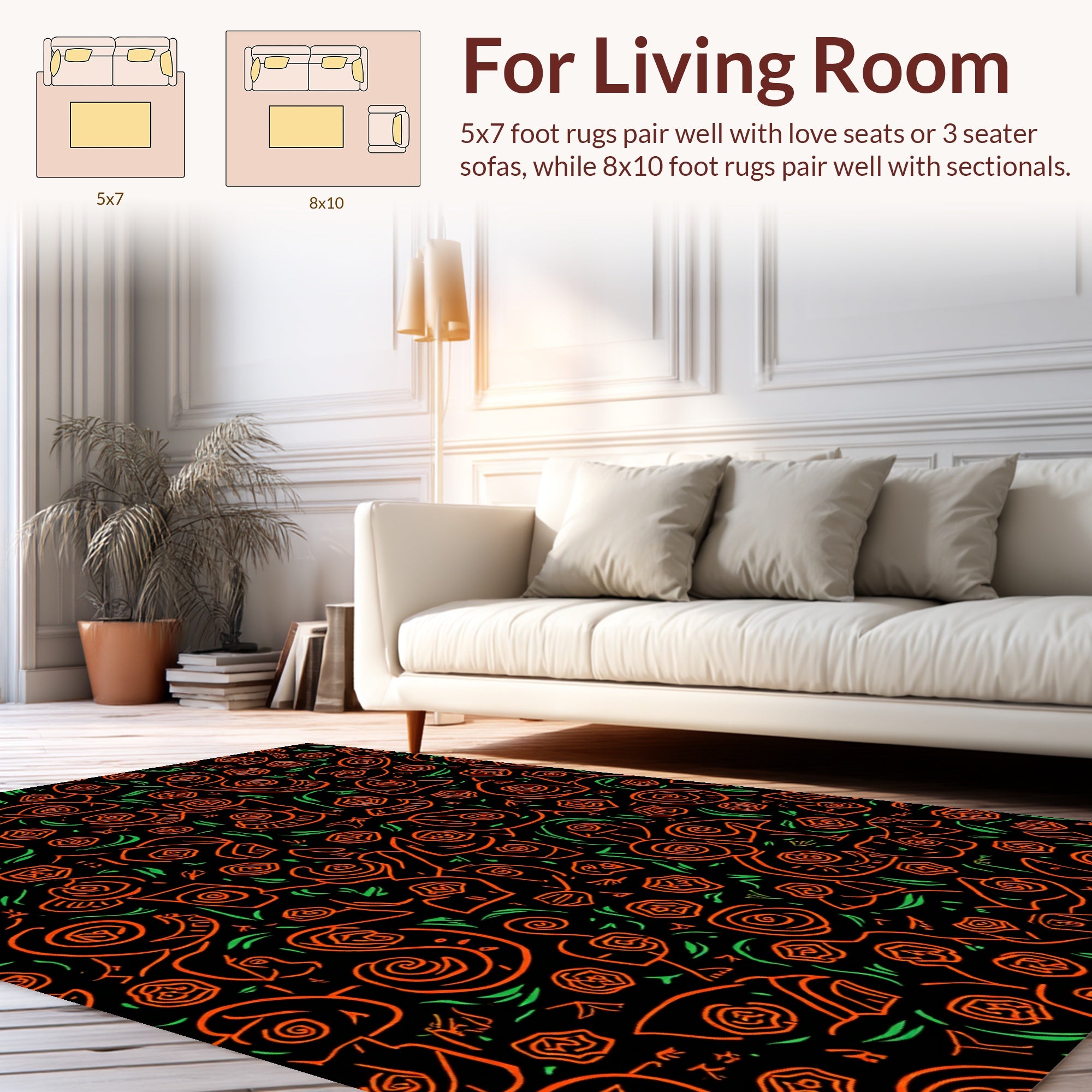 Abstract Orange Swirls Roses Design Rug