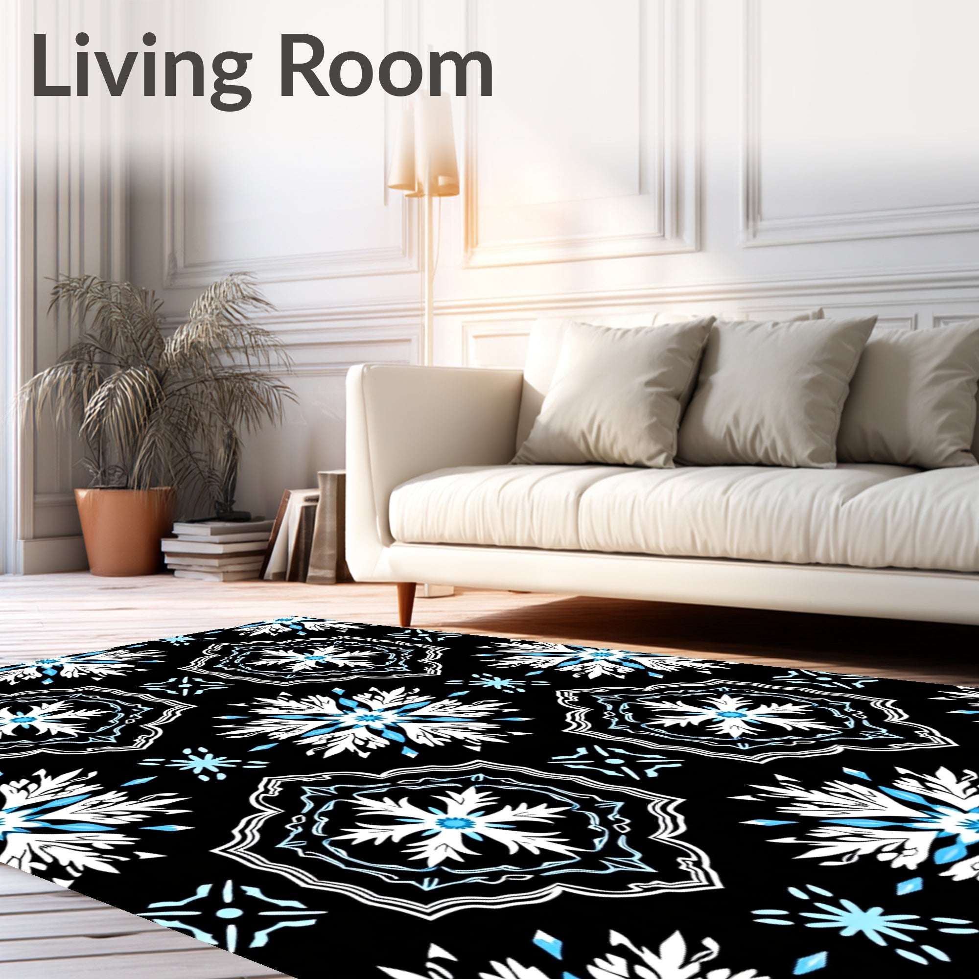 Black and White Blue Starburst Medallion Rug