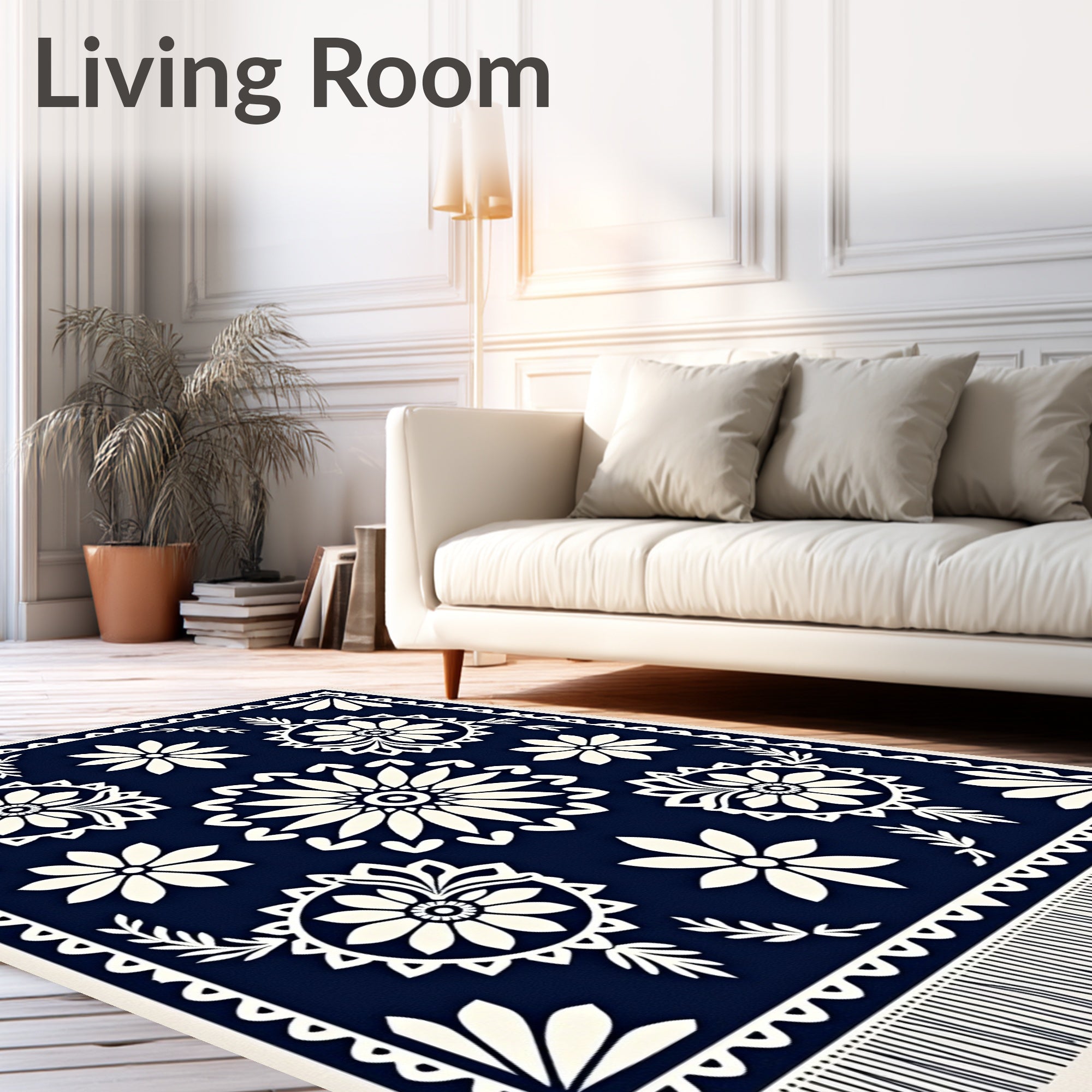 Navy Cream Floral Medallion Scatter Rug
