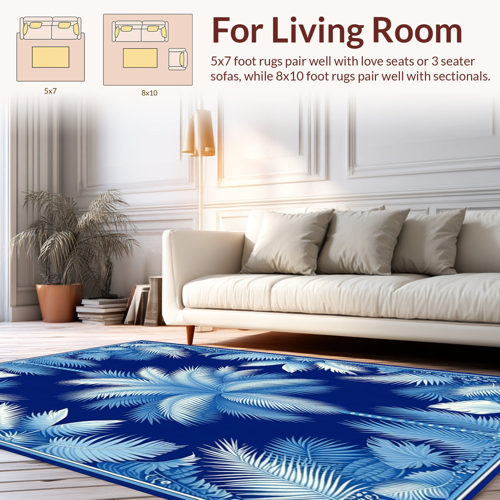 Blue White Tropical Botanical Pattern Rug
