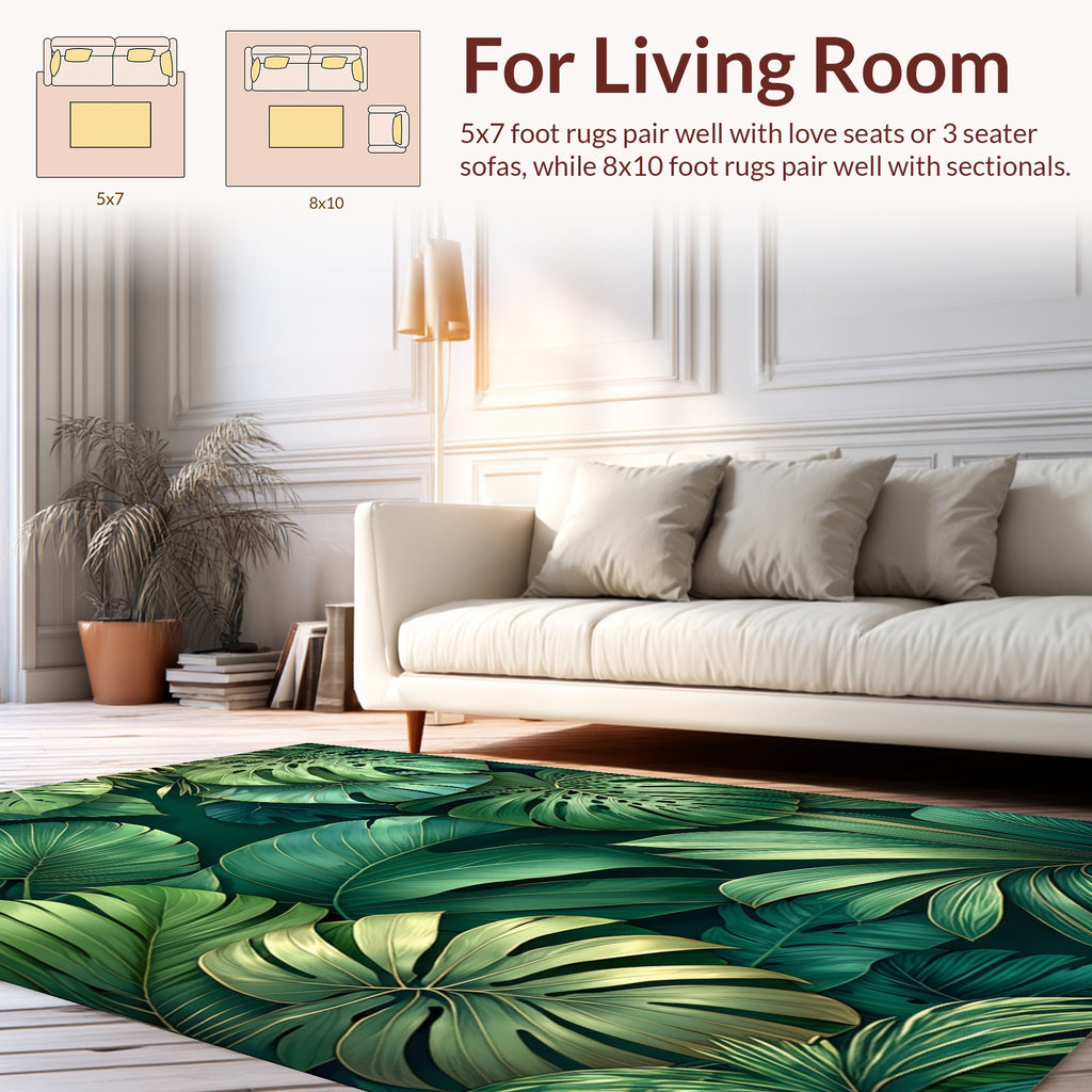 Lush Green Tropical Leaf Pattern Rug
