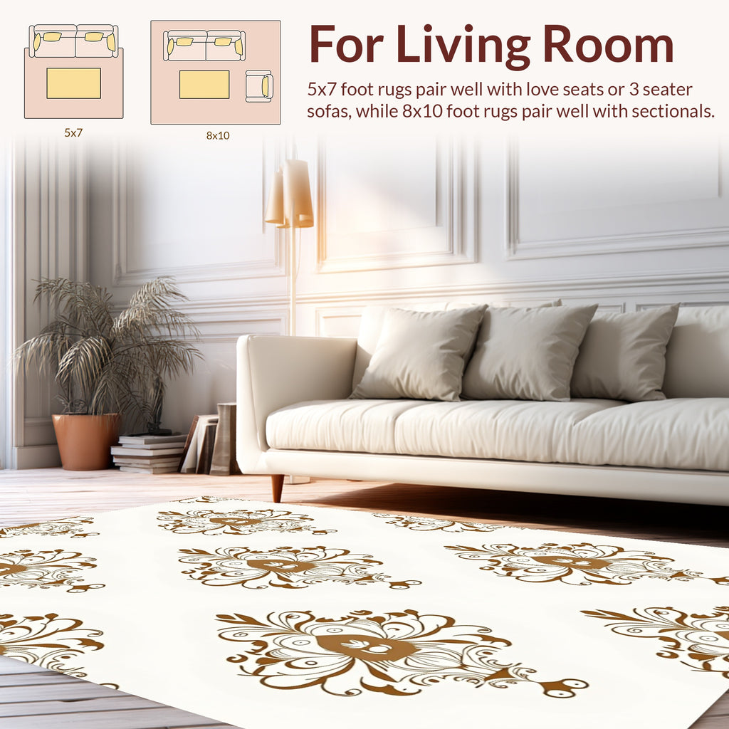 Ornate Brown Damask Pattern Rug