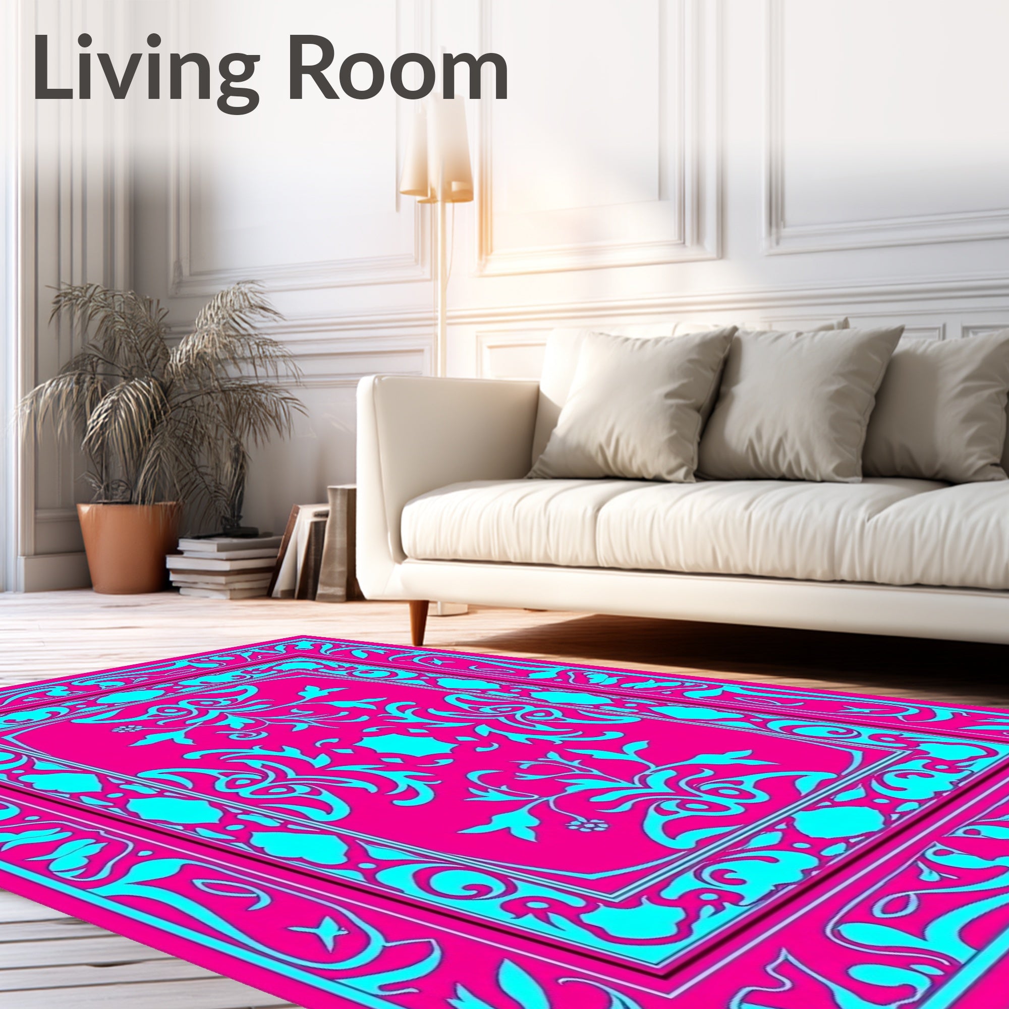 Vibrant Pink Cyan Floral Border Rug