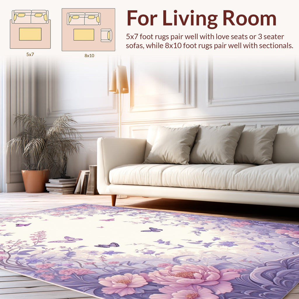 Whimsical Purple Floral Butterfly Garden Rug
