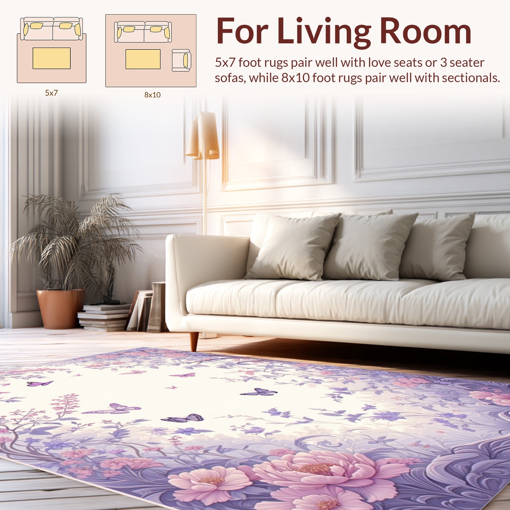 Whimsical Purple Floral Butterfly Garden Rug