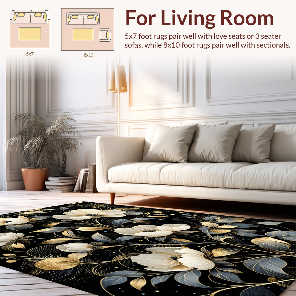 Elegant Black Gold Floral Swirl Pattern Rug
