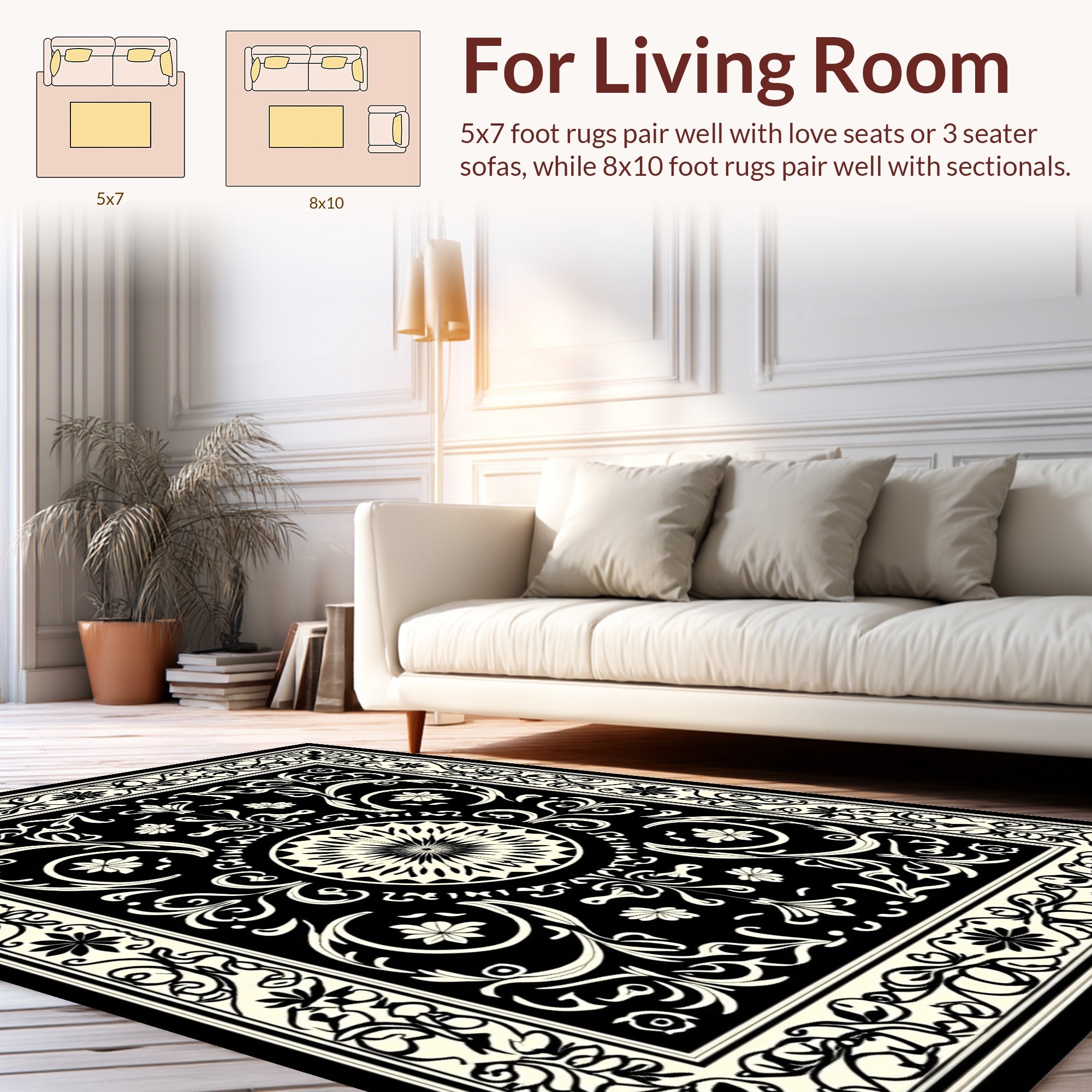 Intricate Floral Scrollwork Black and Cream Rug