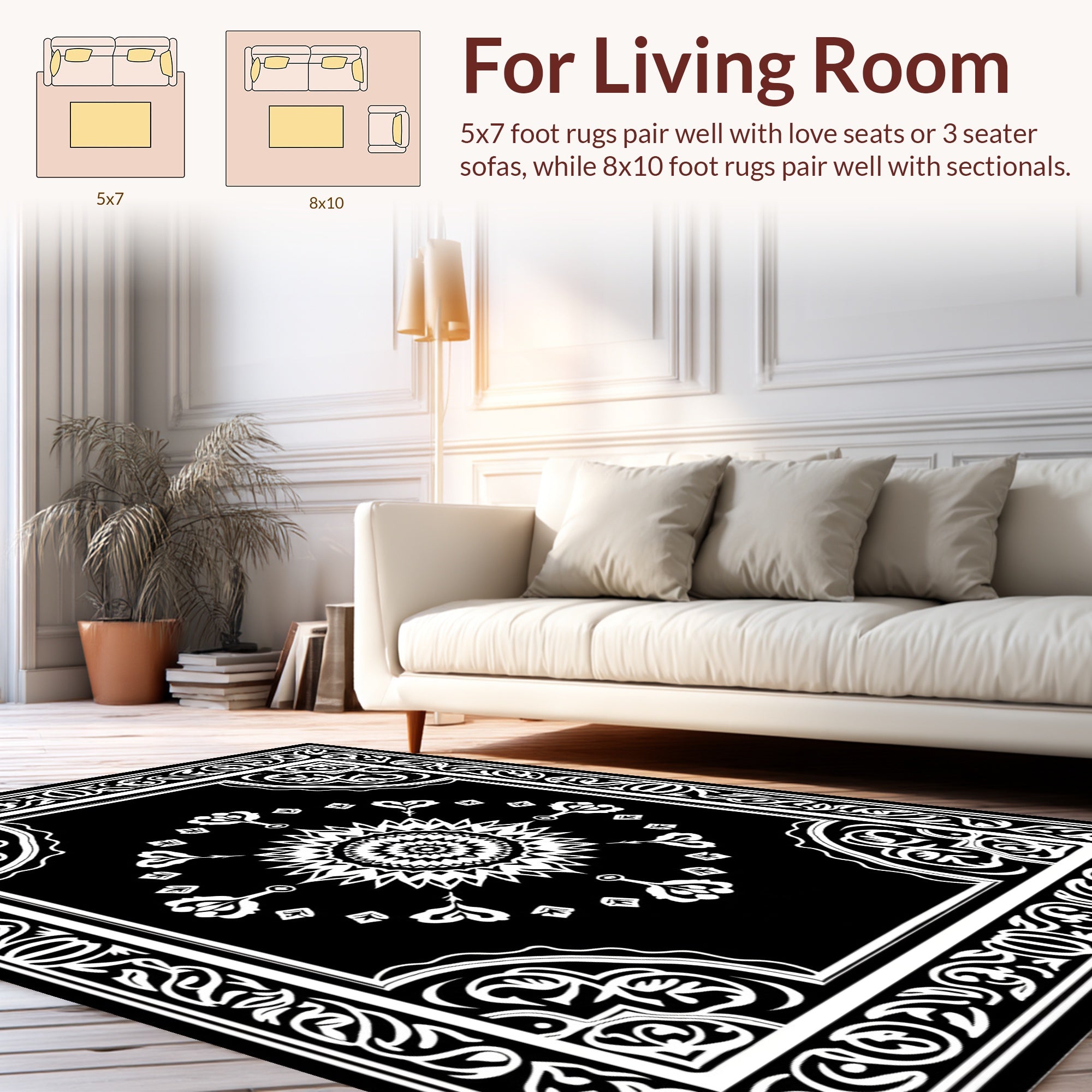 Intricate Black White Floral Sunburst Rug