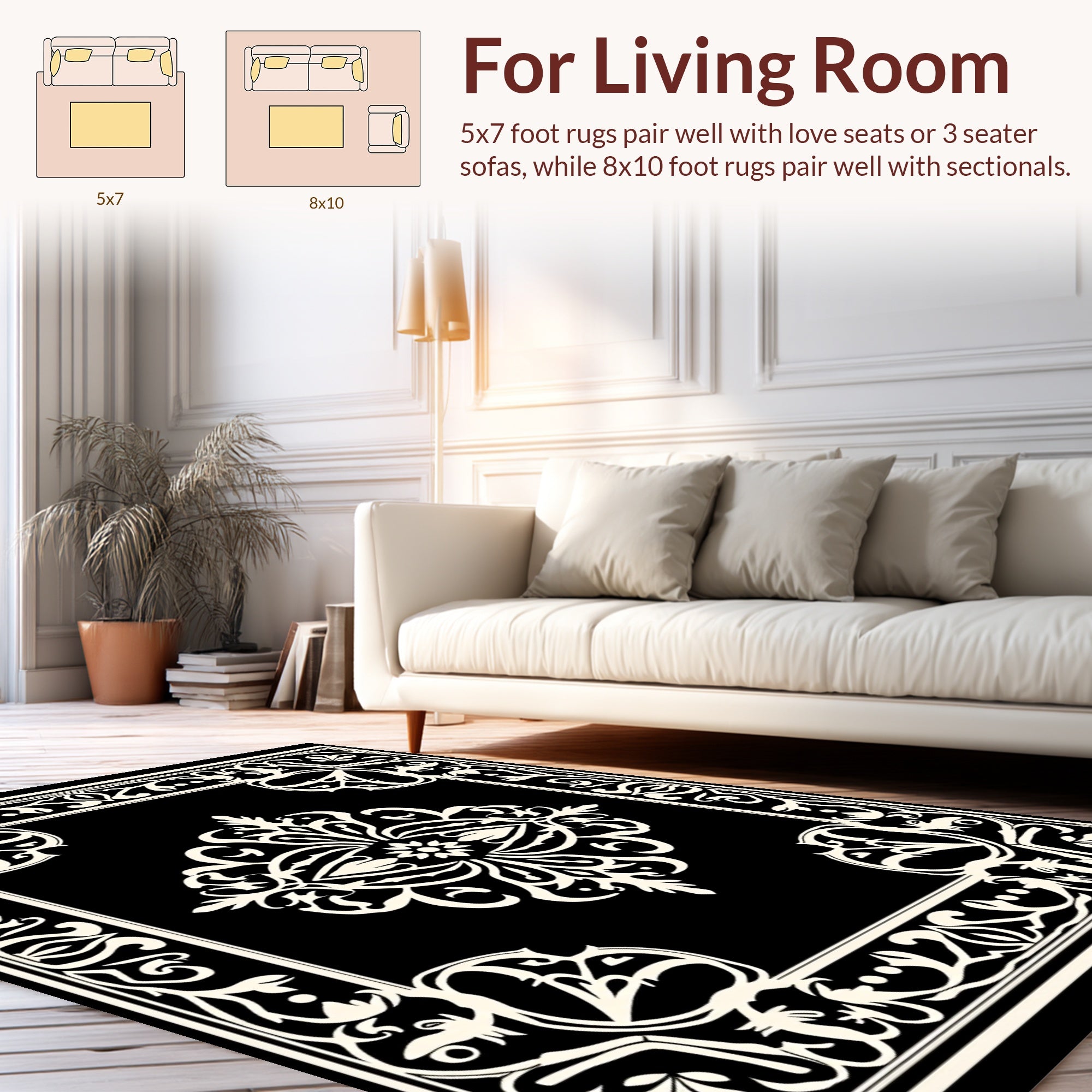 Elaborate Black And White Floral Design Rug