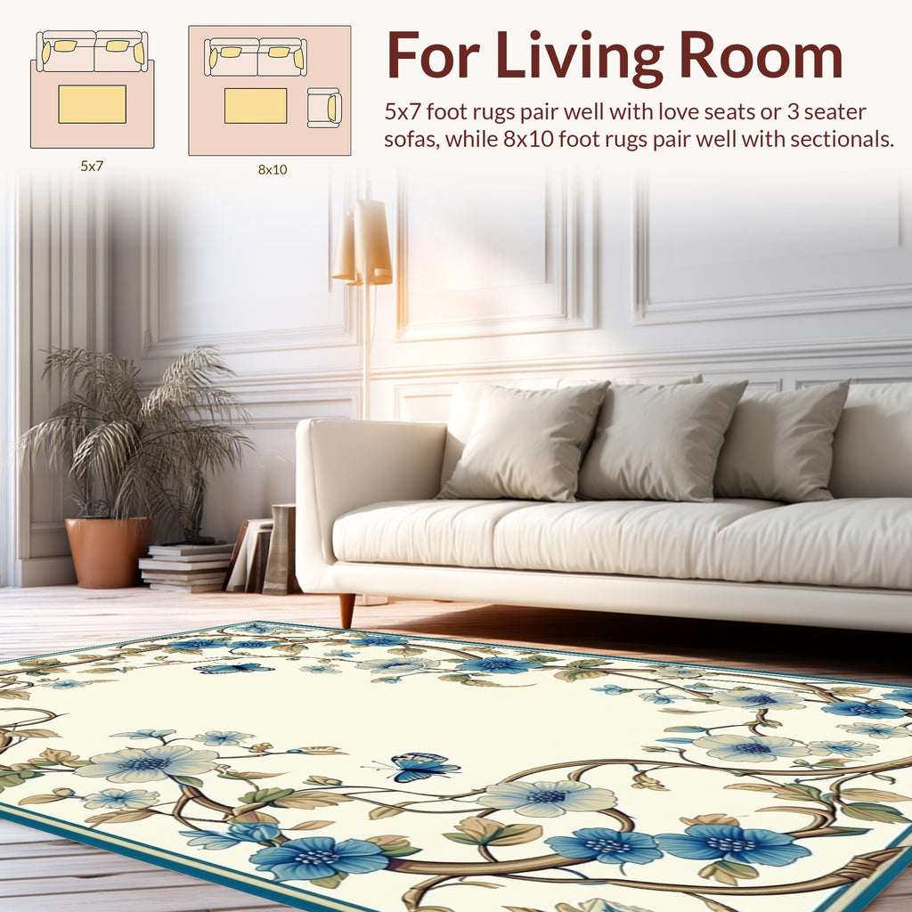 Blue Floral Butterfly Vine Design Rug