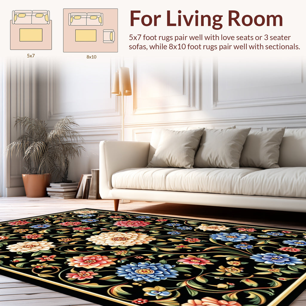 Rich Floral Vines On Black Background Rug