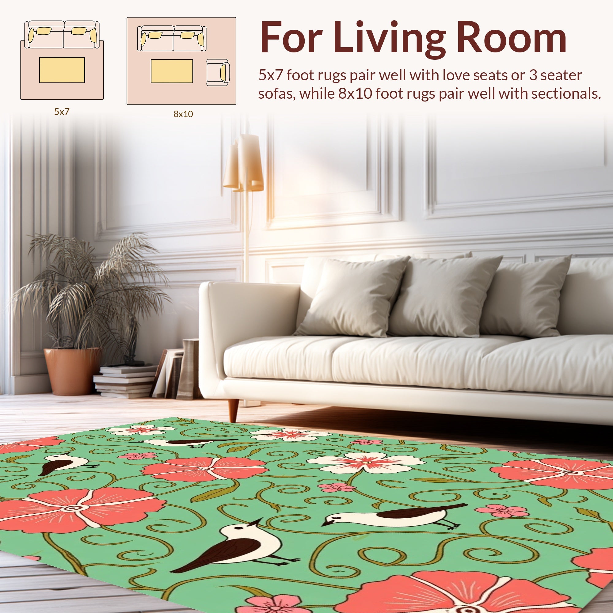 Whimsical Floral Birds Pattern Rug