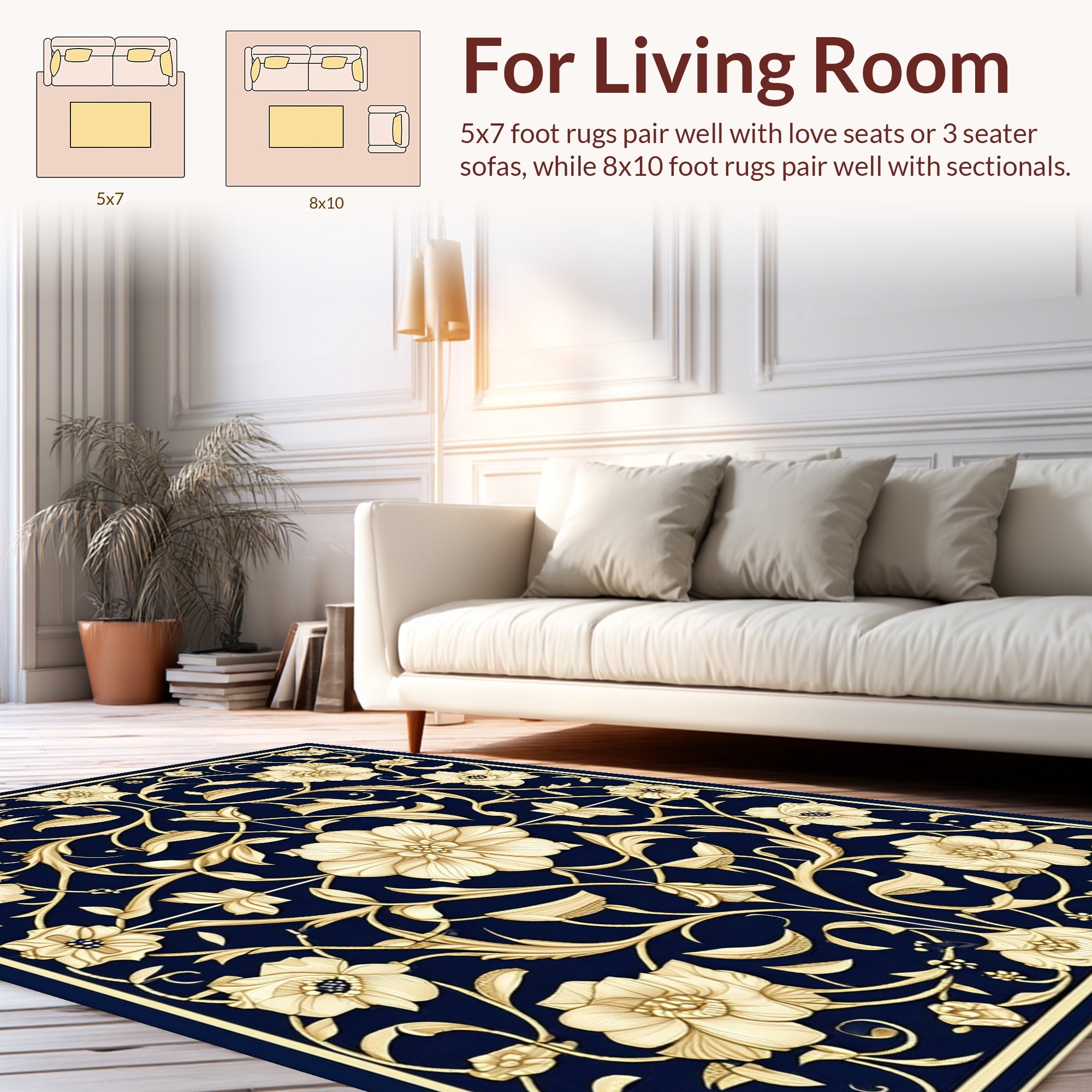 Dark Blue Floral Vine Design Rug