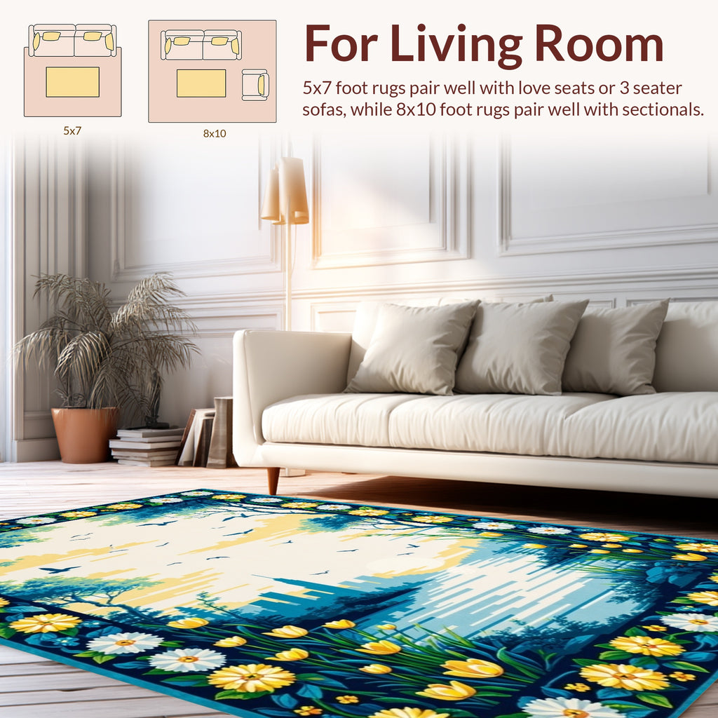 Floral Landscape with Cityscape Border Rug