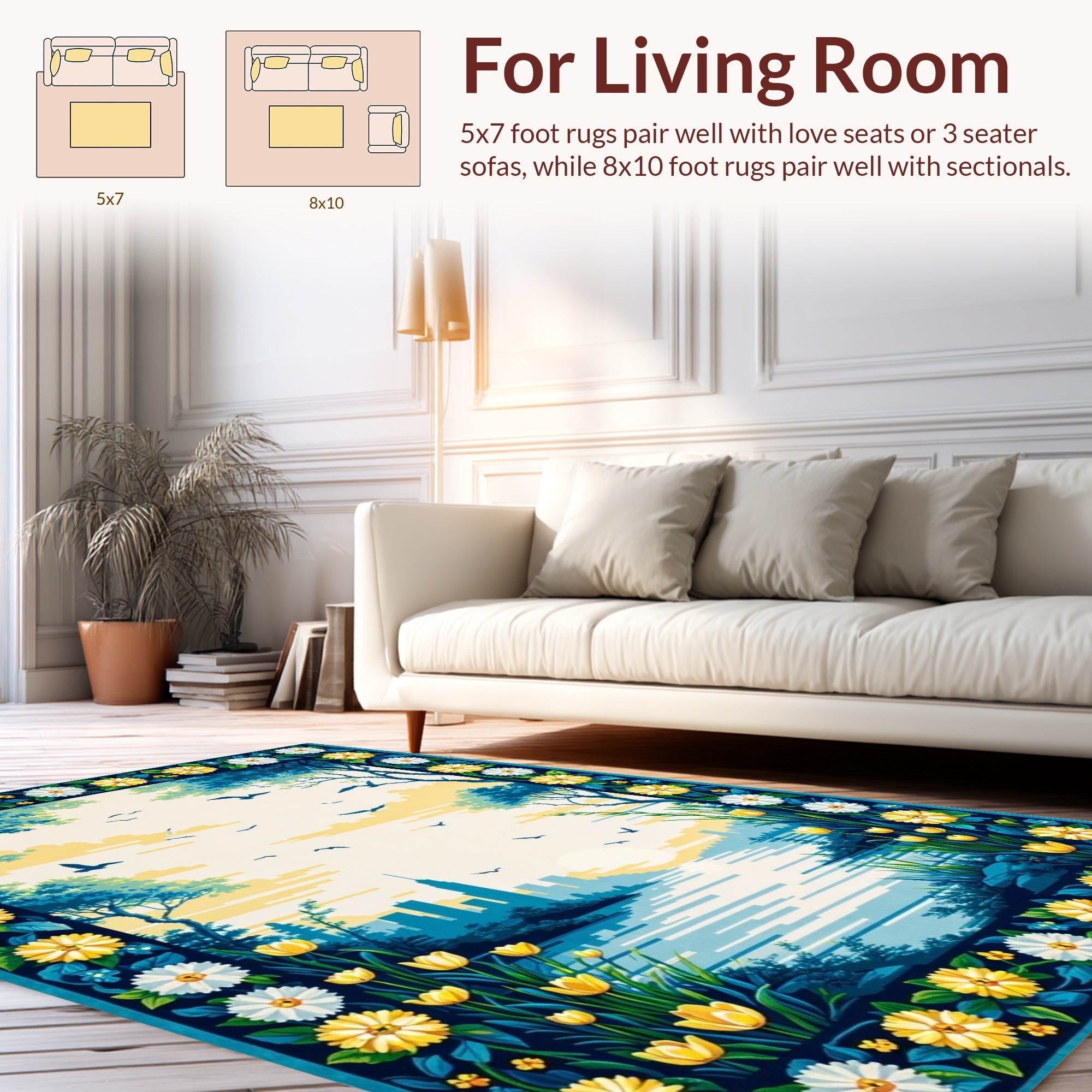 Floral Landscape with Cityscape Border Rug