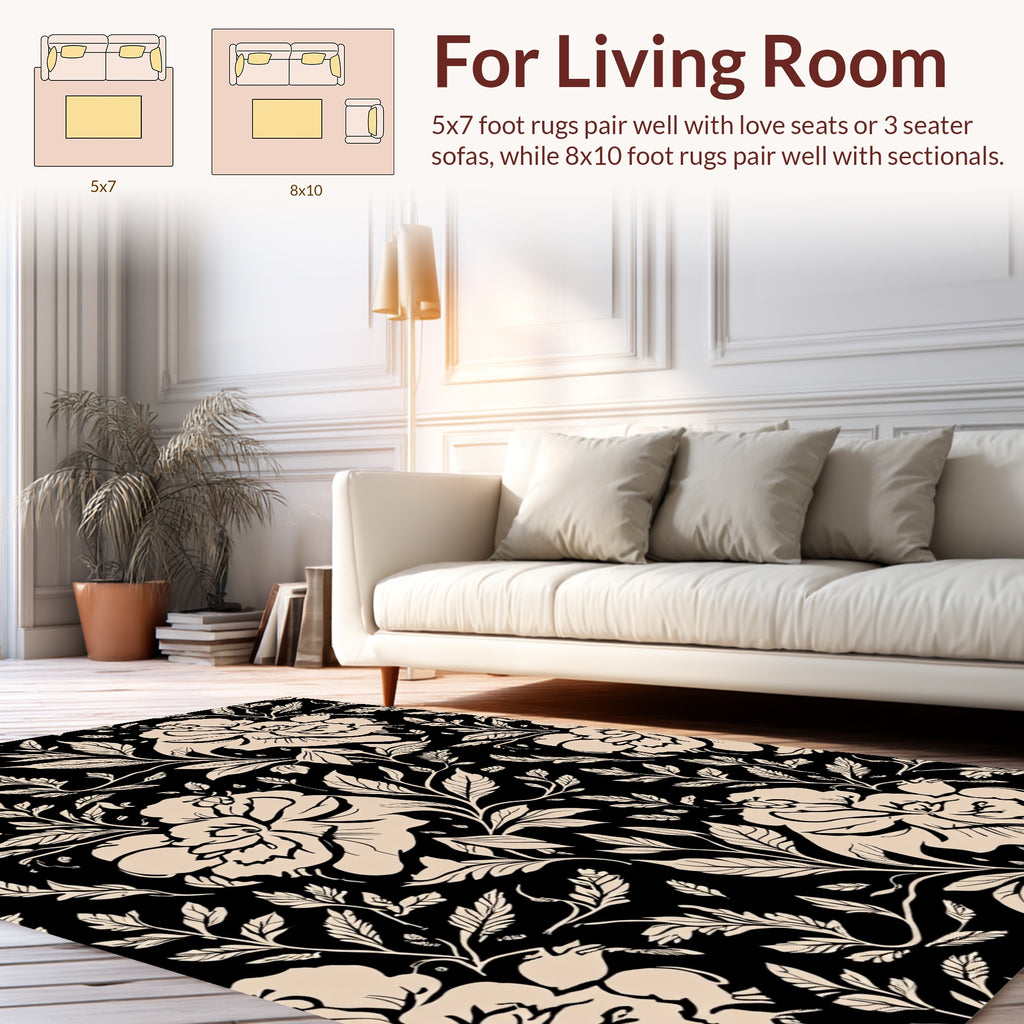 Elegant Floral Vine Black Beige Design Rug