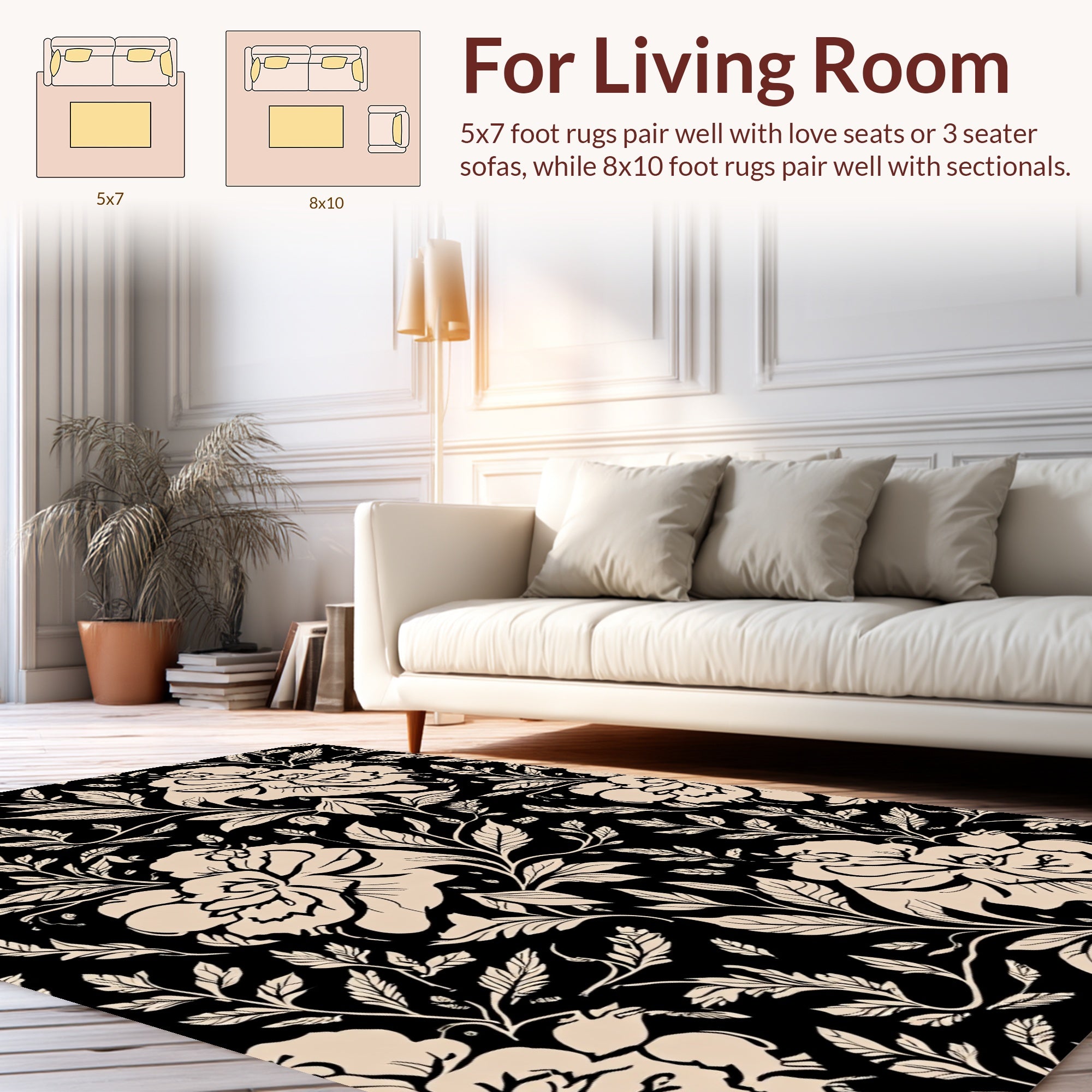 Elegant Floral Vine Black Beige Design Rug