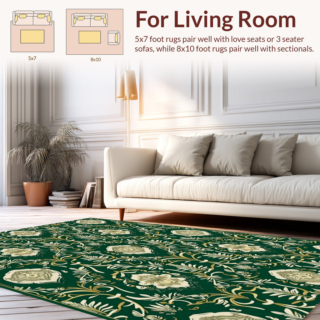 Ornate Floral Patterned Deep Green Rug