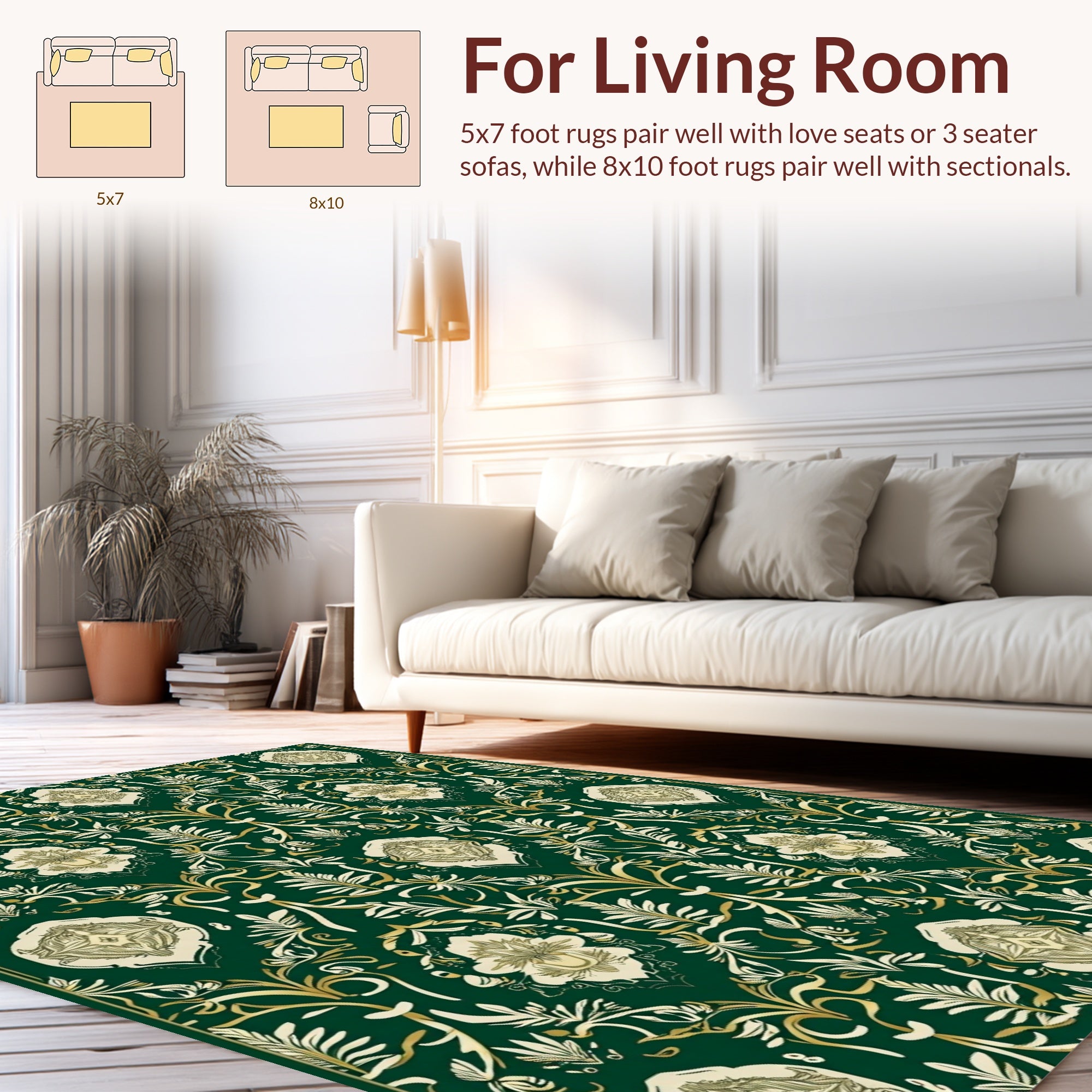 Ornate Floral Patterned Deep Green Rug