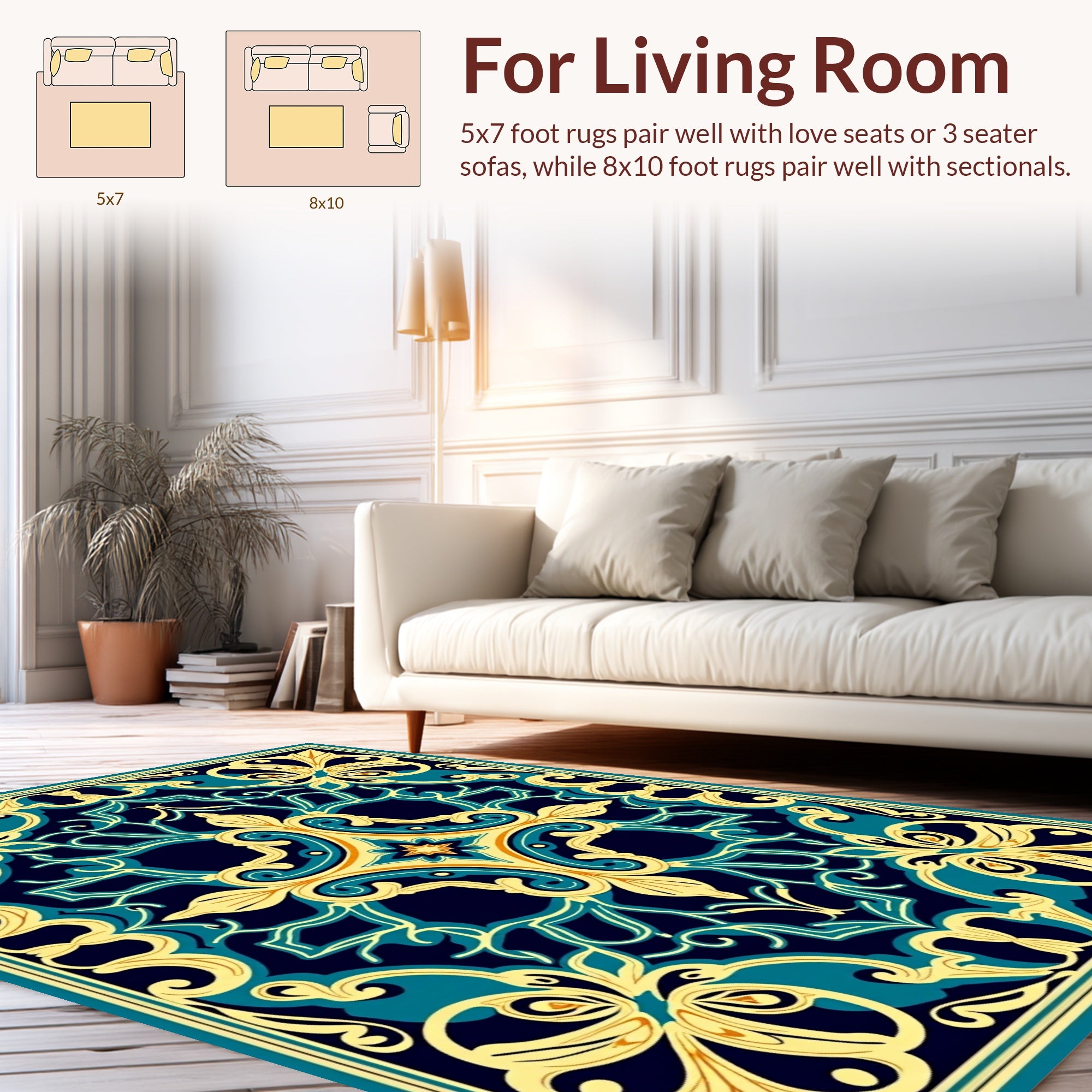 Ornate Floral Teal Gold Pattern Rug
