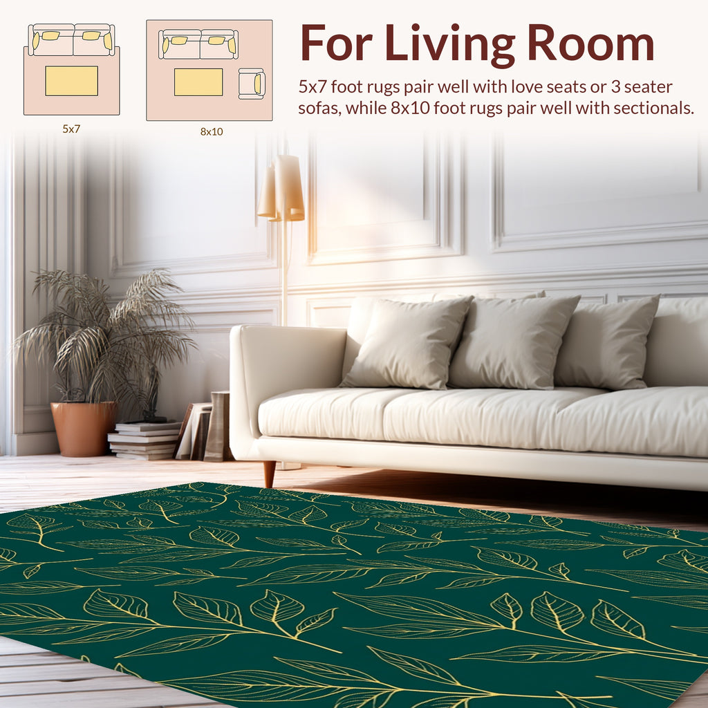 Dark Teal And Gold Leaf Pattern Rug