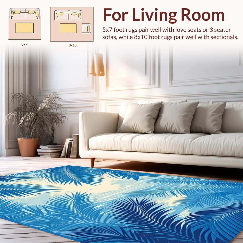 Vibrant Blue Tropical Leaf Landscape Rug