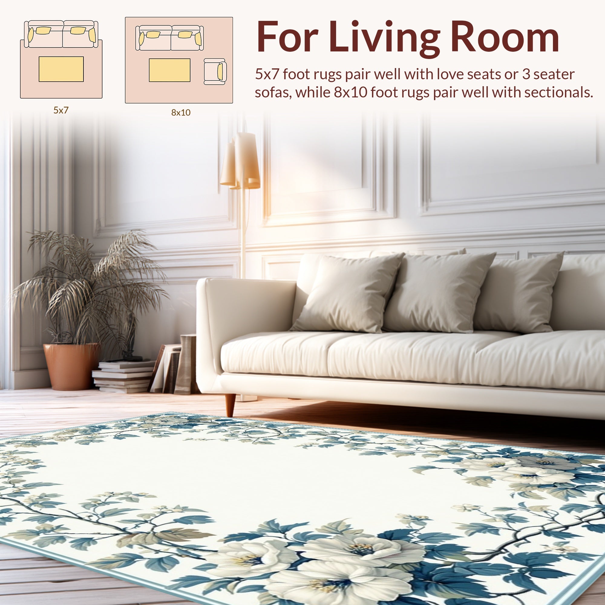 White Blue Floral Vine Border Rug