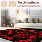 Red Poppy Black Cat Floral Pattern Rug