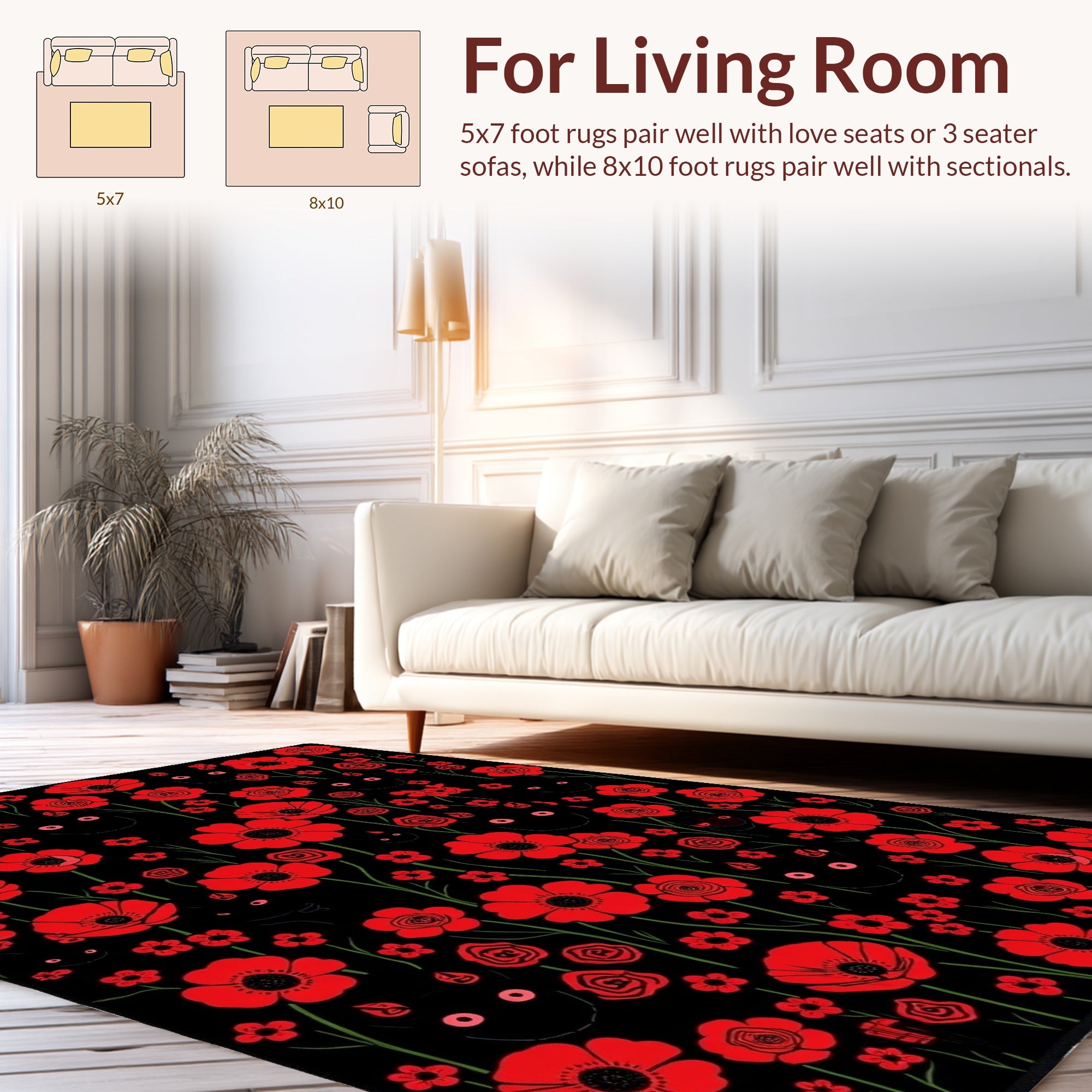 Red Poppy Black Cat Floral Pattern Rug