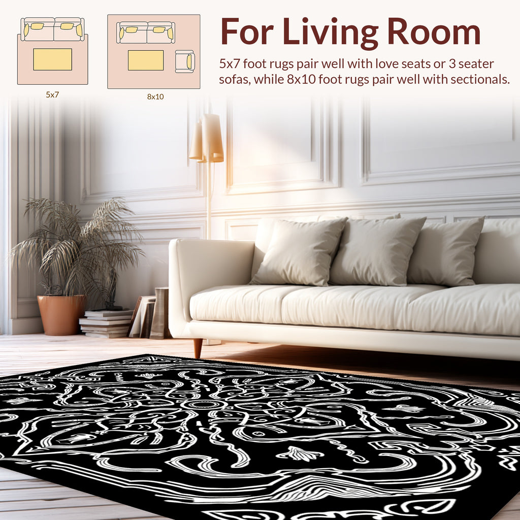 Elegant Black White Ornate Pattern Rug