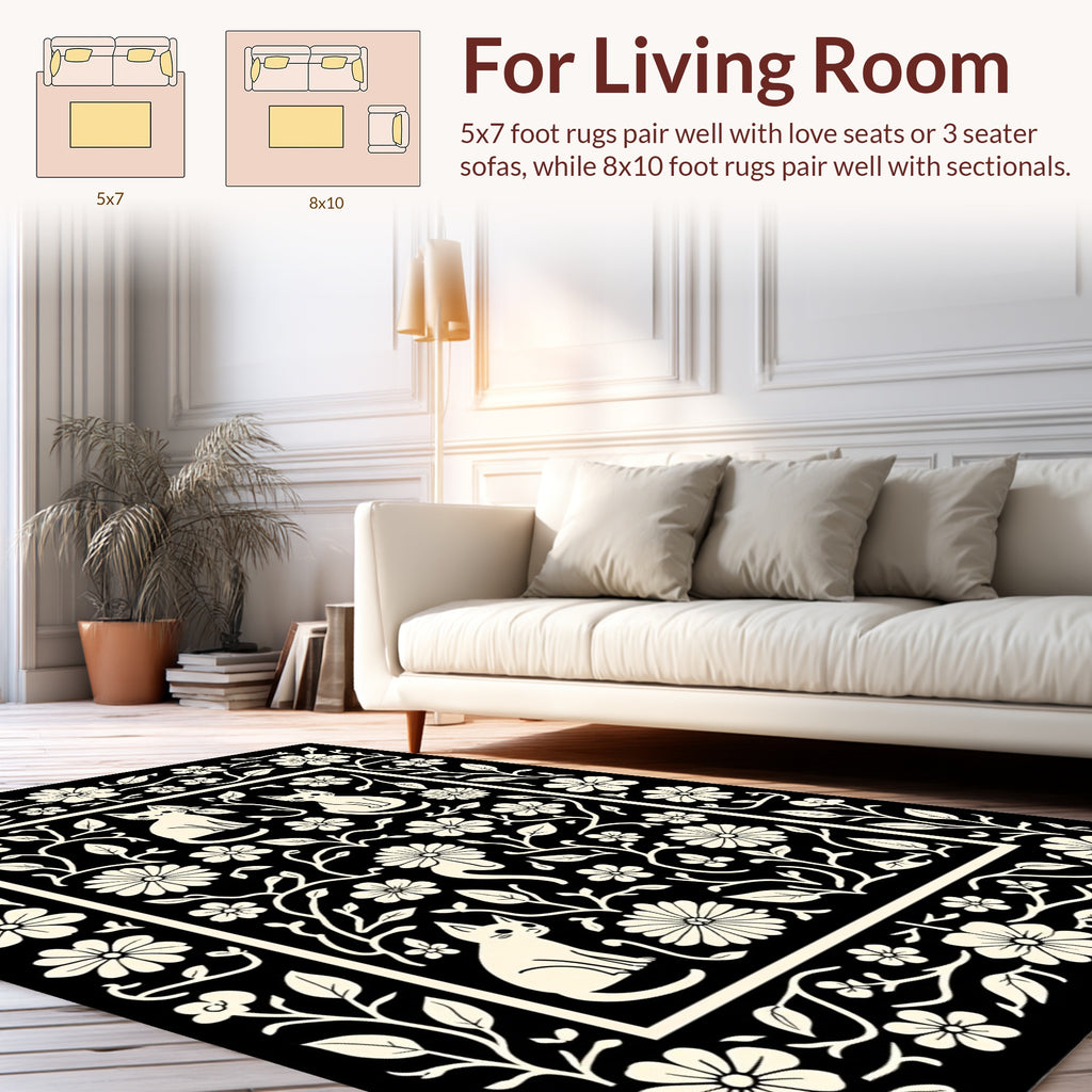 Whimsical Floral Kitten Silhouette Pattern Rug