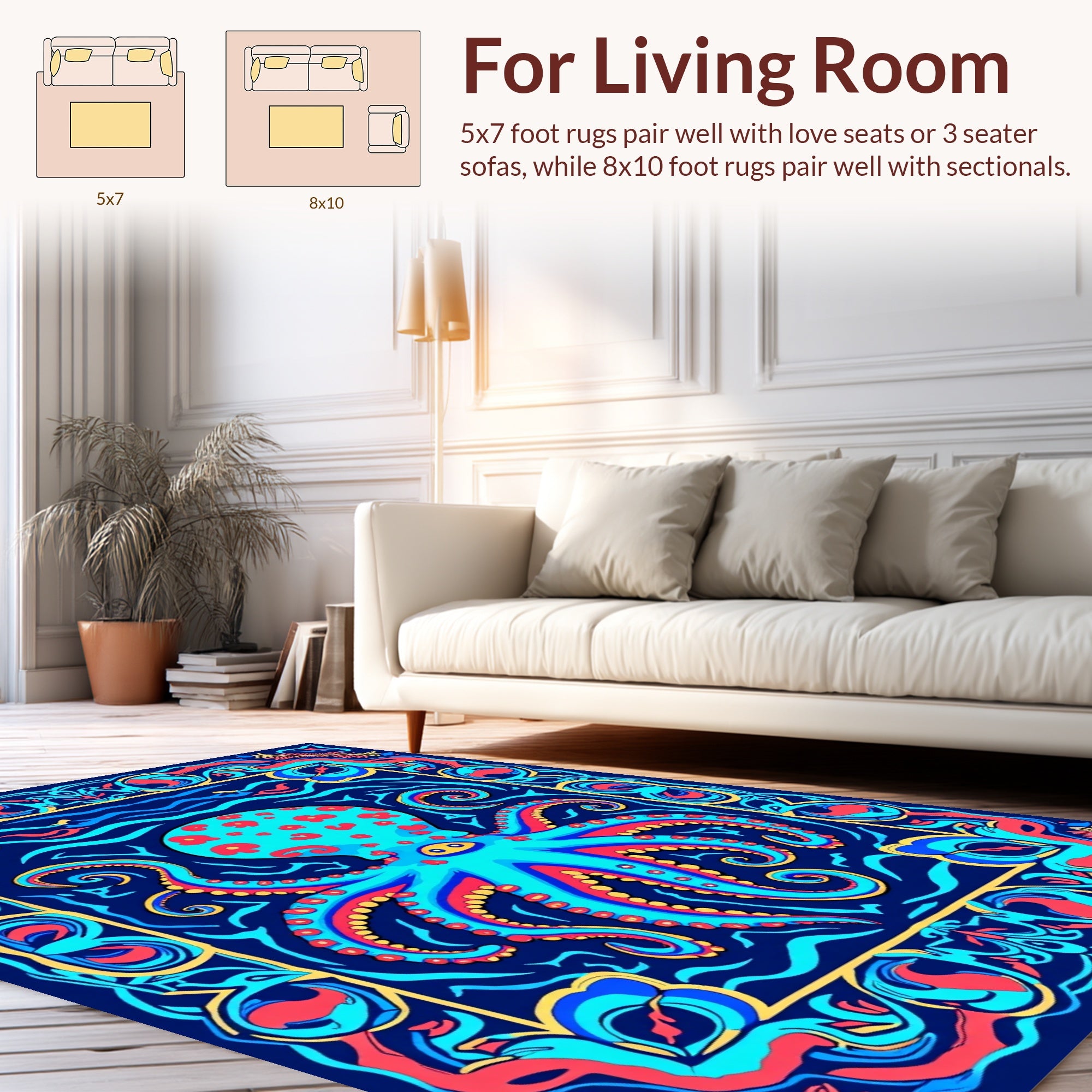 Ornate Octopus Vivid Floral Border Design Rug