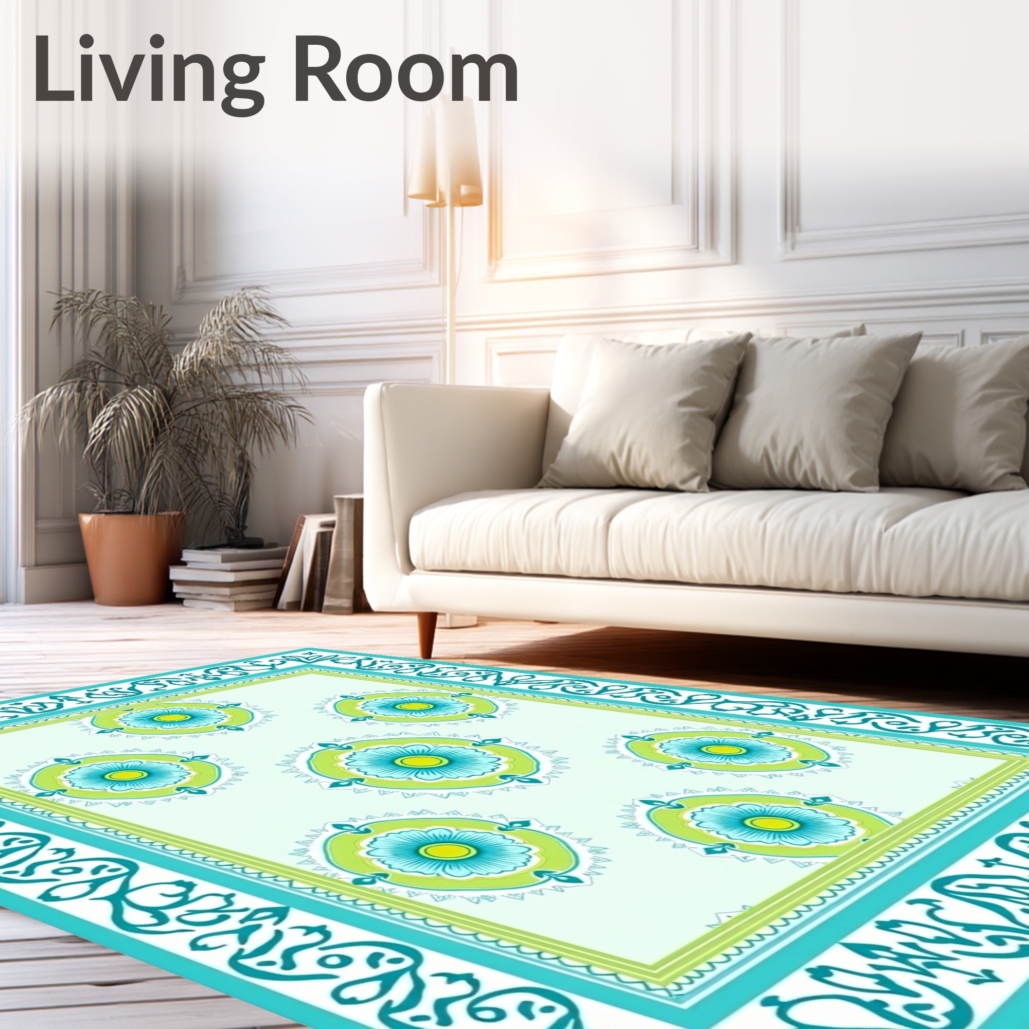 Aqua Teal Floral Medallion Border Rug