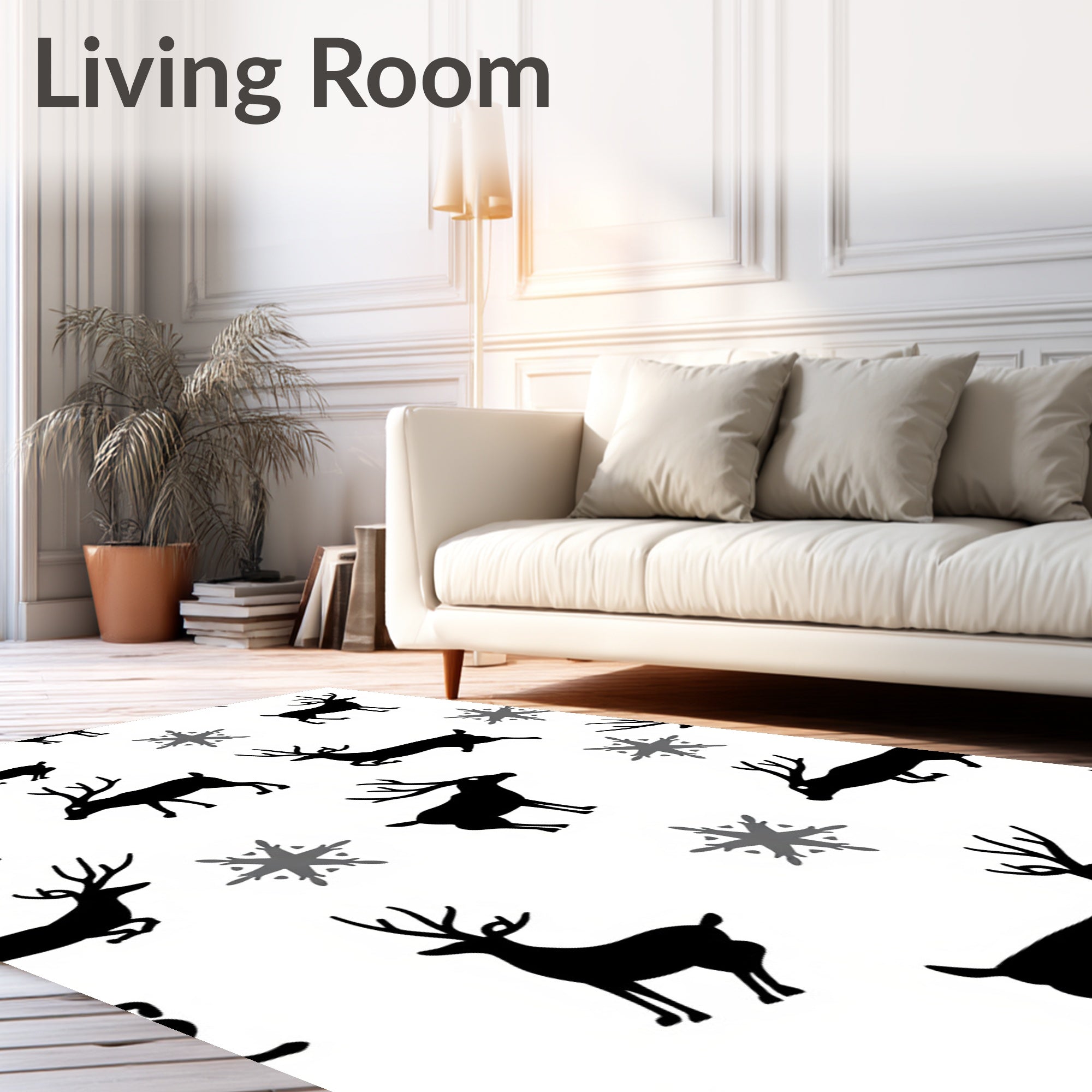Black Winter Deer Snowflake Whimsy Rug