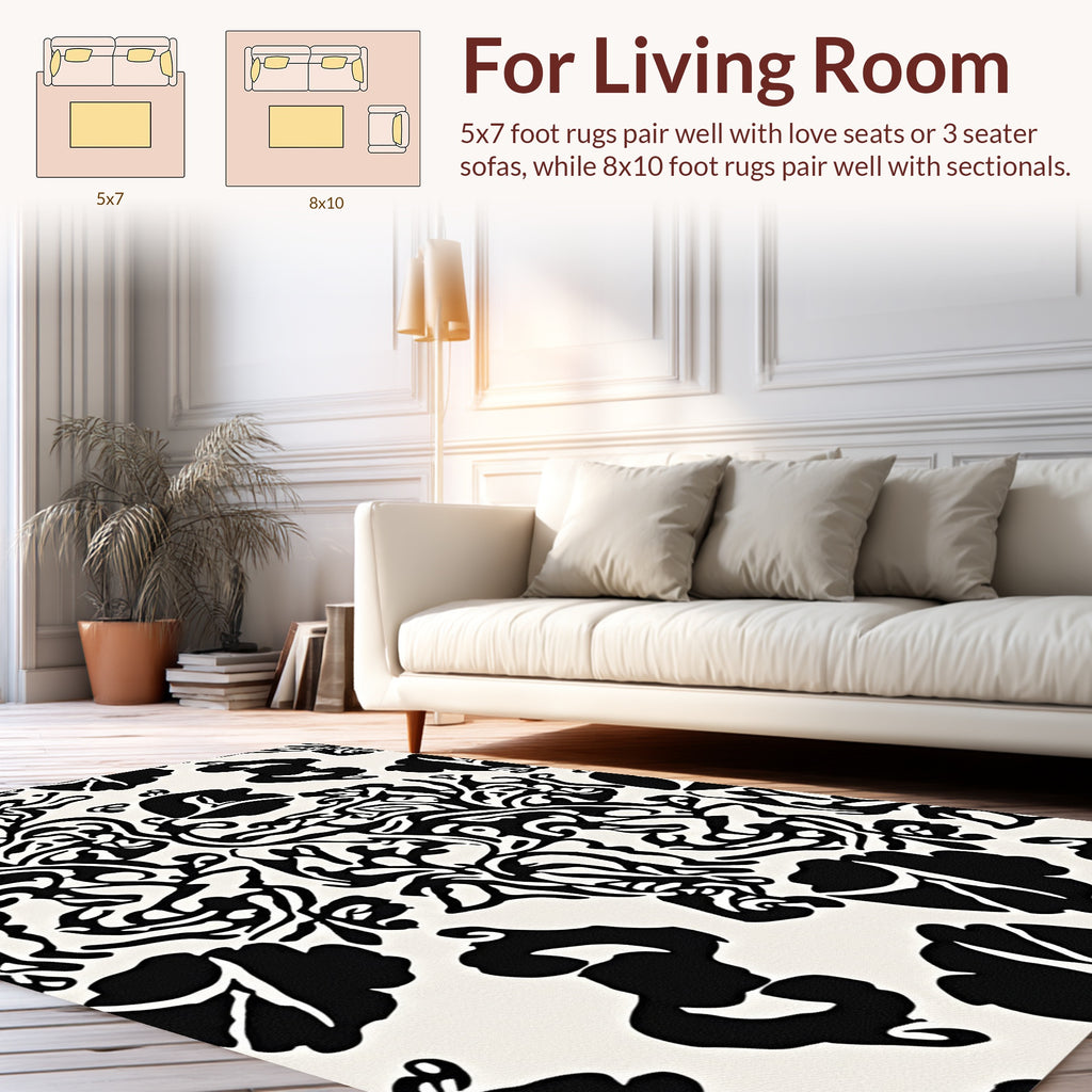 Bold Black White Floral Pattern Rug