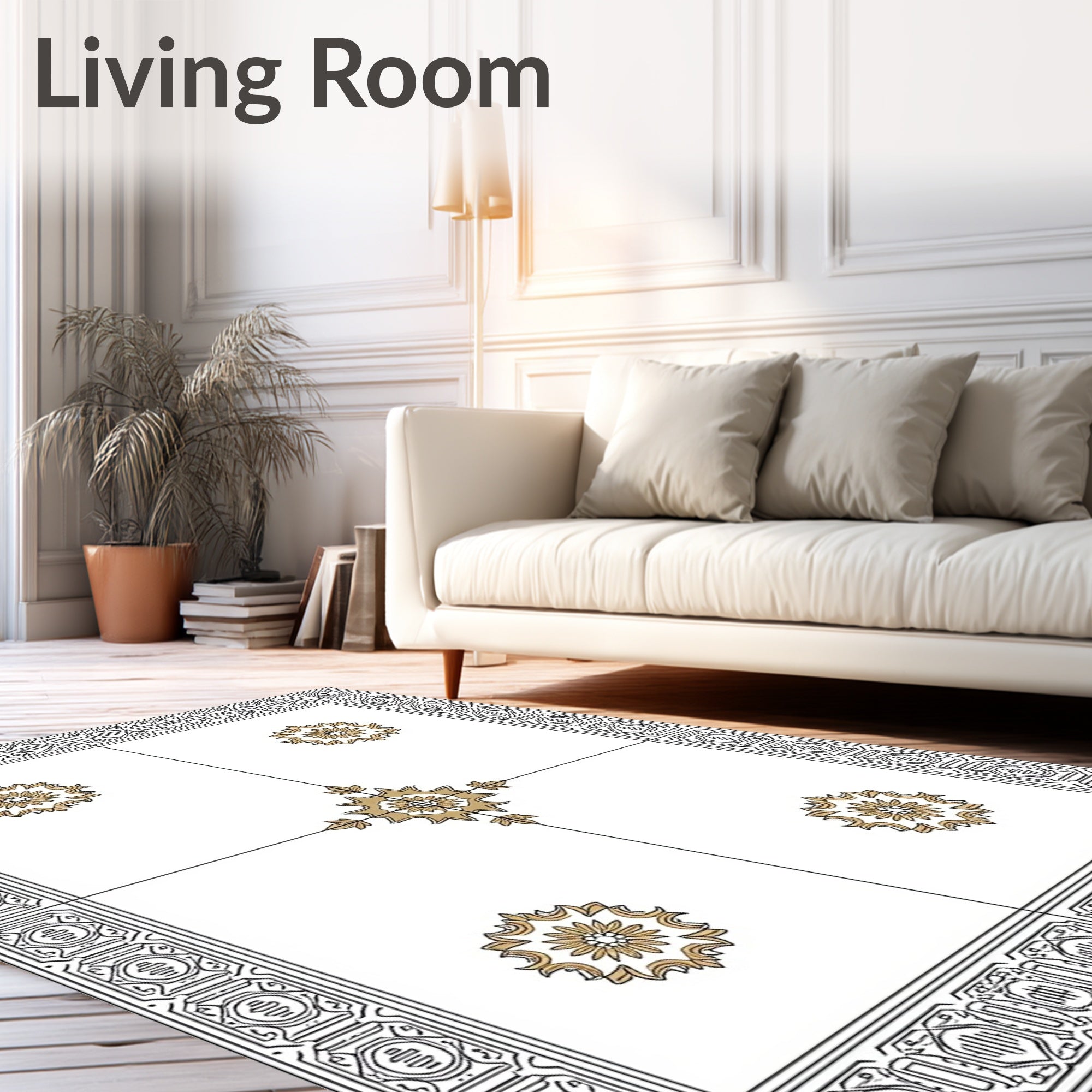 White Gold Elaborate Scroll Medallion Rug