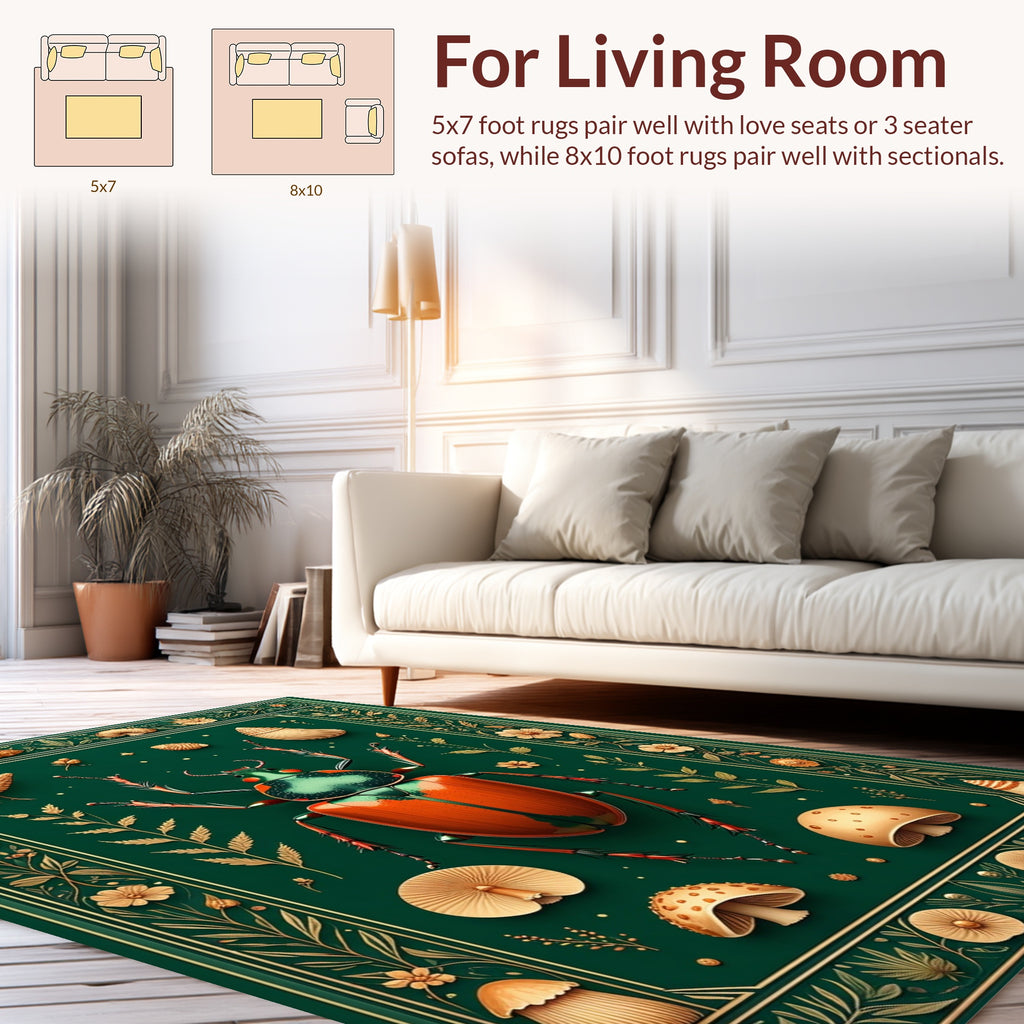 Green Whimsical Beetle Mushroom Delight Rug