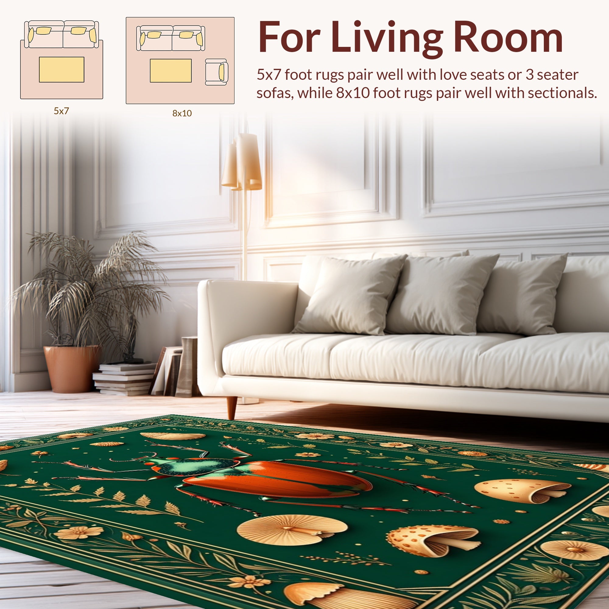 Green Whimsical Beetle Mushroom Delight Rug