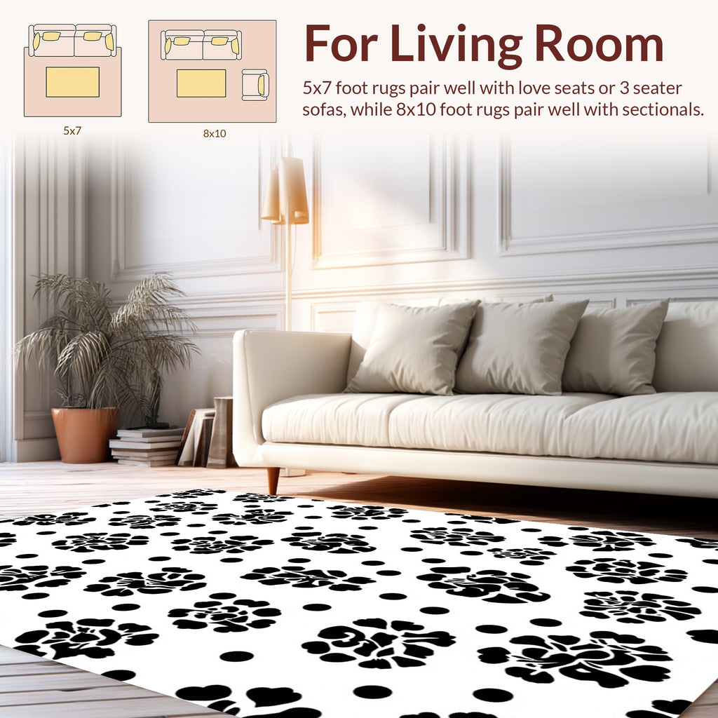 Striking Black White Floral Polka Dot Rug